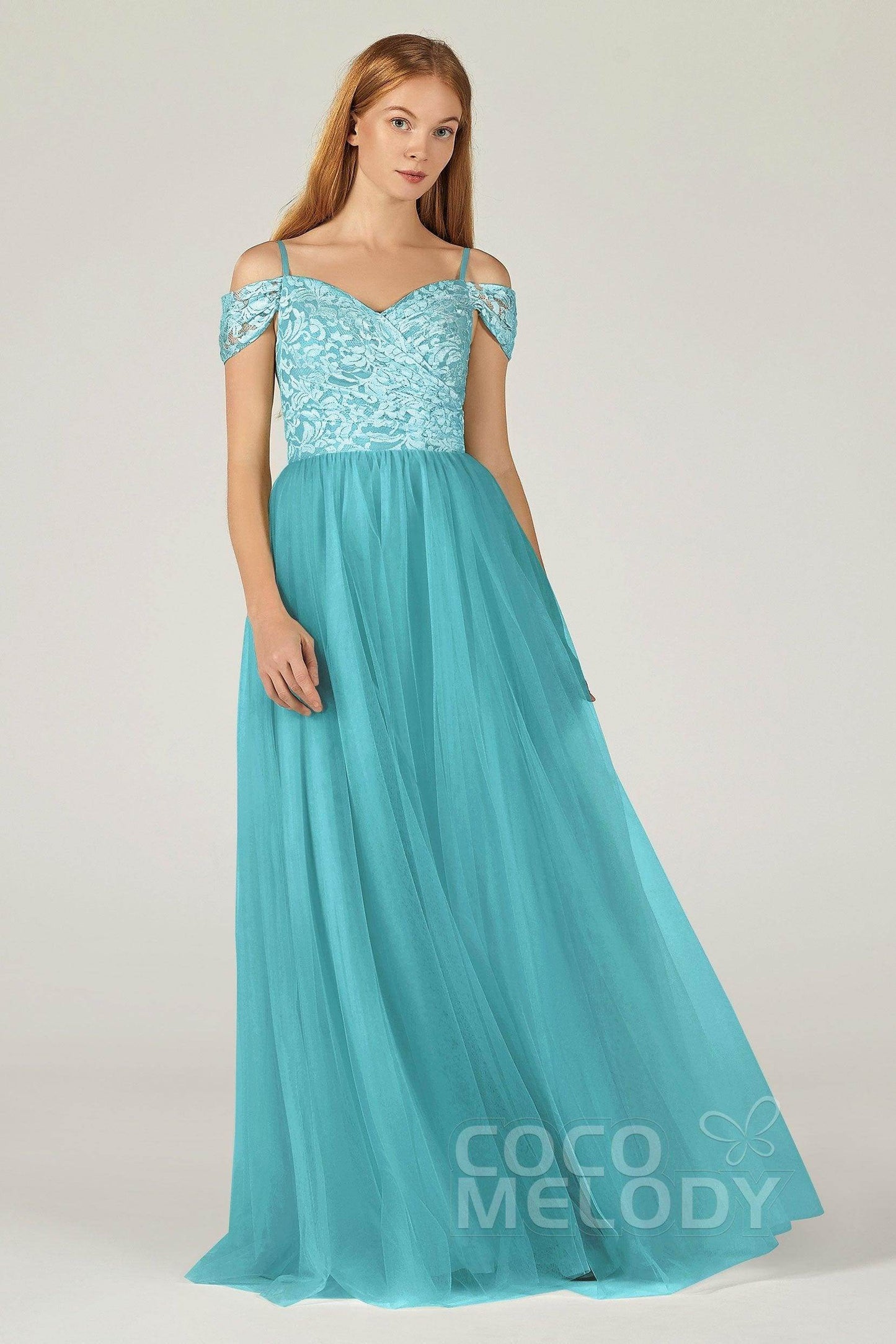 A-Line Floor Length Tulle Lace Bridesmaid Dress CB0384 - COCOMELODY