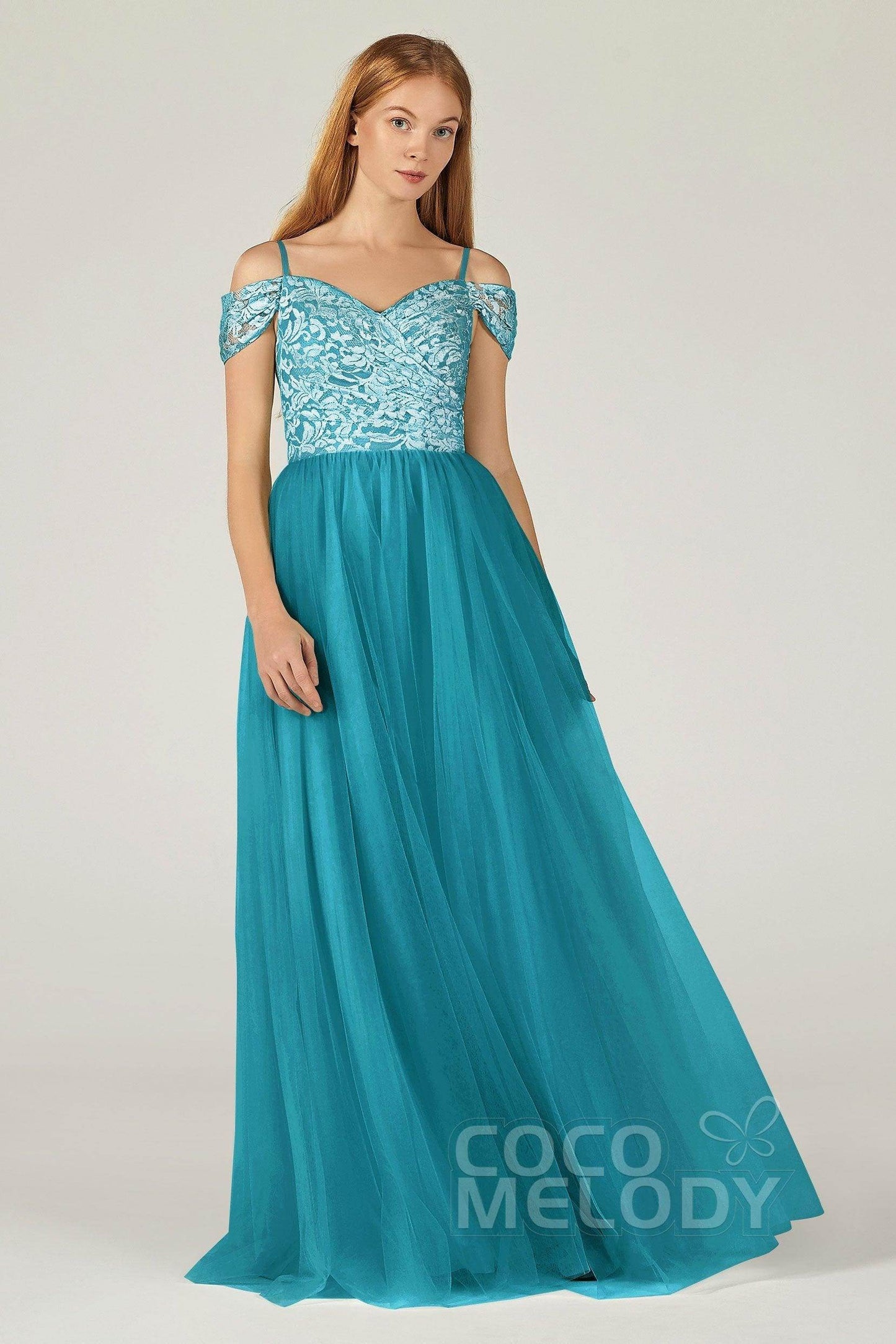 A-Line Floor Length Tulle Lace Bridesmaid Dress CB0384 - COCOMELODY