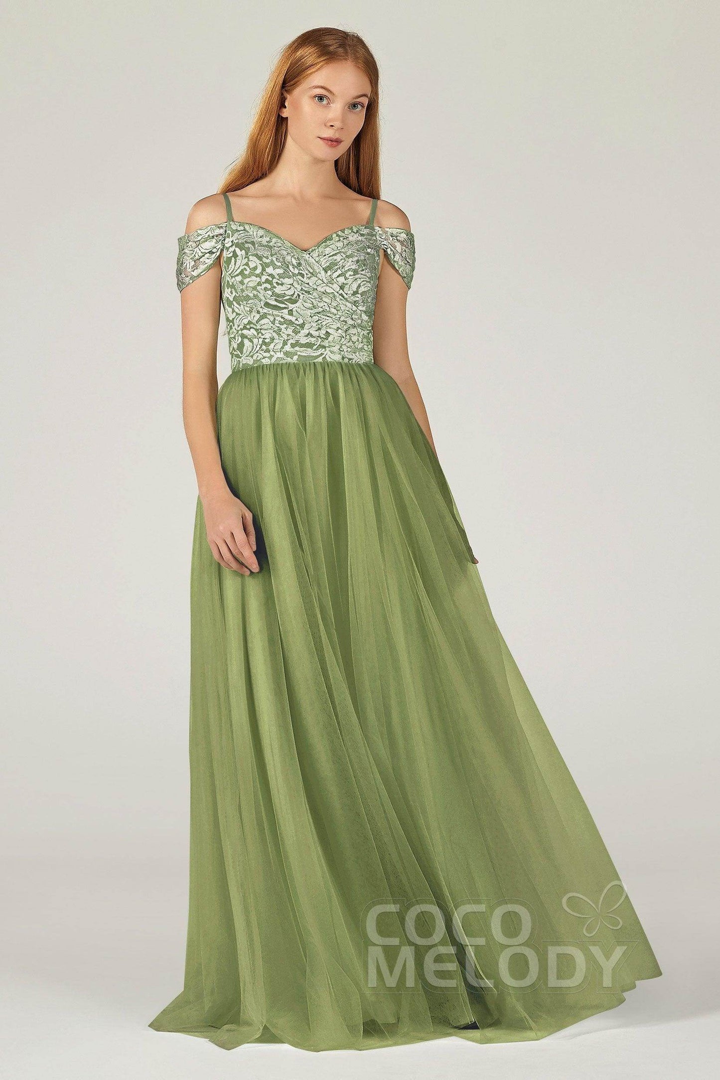 A-Line Floor Length Tulle Lace Bridesmaid Dress CB0384 - COCOMELODY