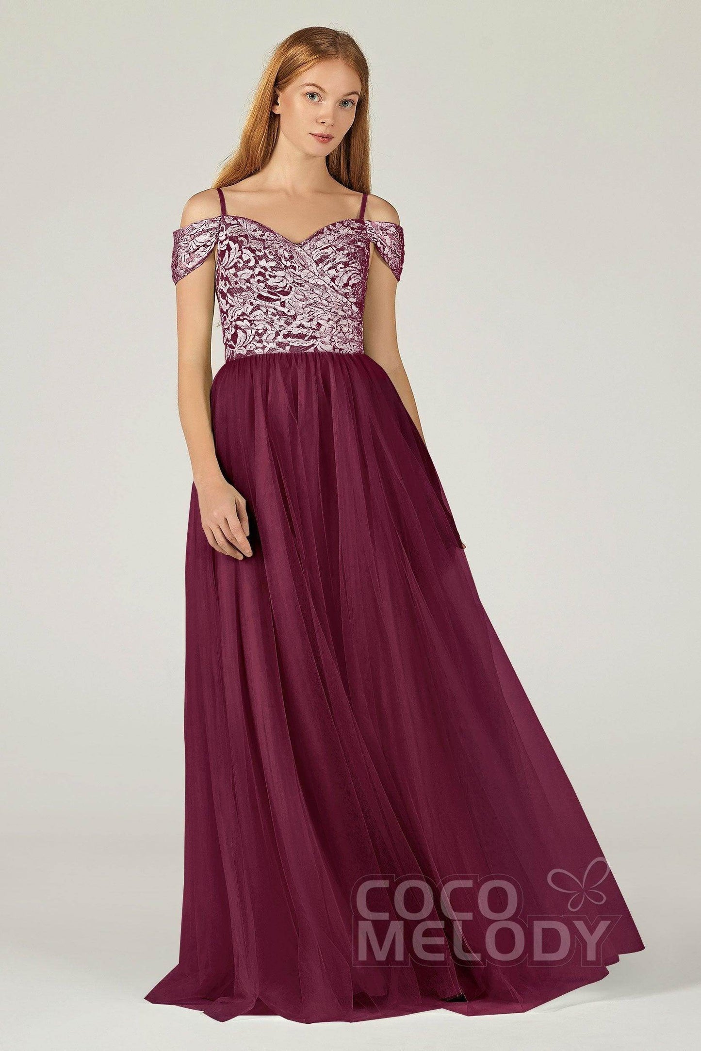 A-Line Floor Length Tulle Lace Bridesmaid Dress CB0384 - COCOMELODY