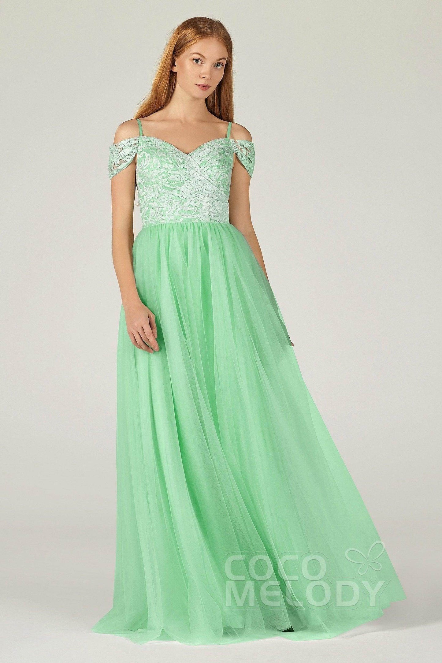 A-Line Floor Length Tulle Lace Bridesmaid Dress CB0384 - COCOMELODY