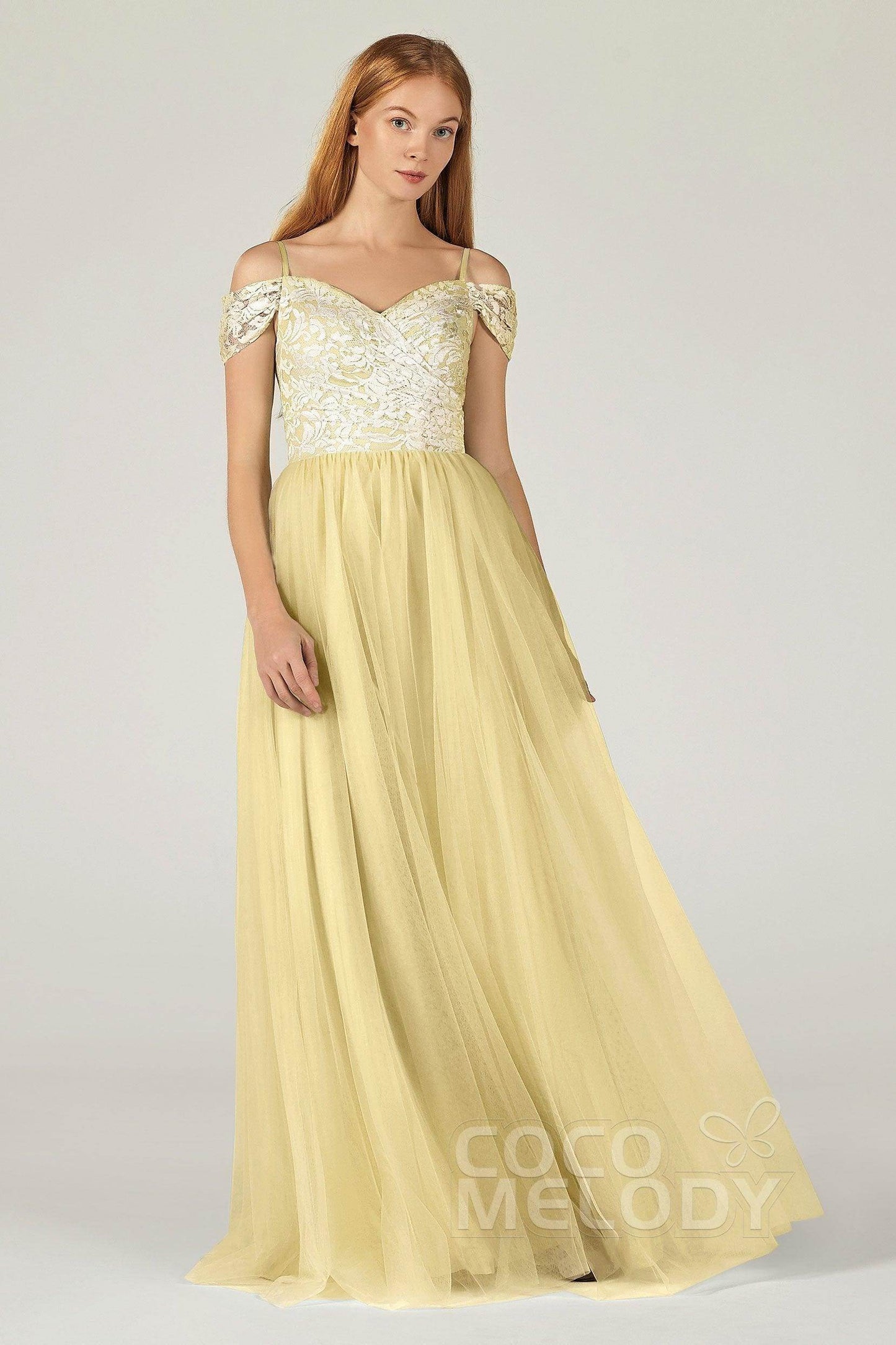 A-Line Floor Length Tulle Lace Bridesmaid Dress CB0384 - COCOMELODY