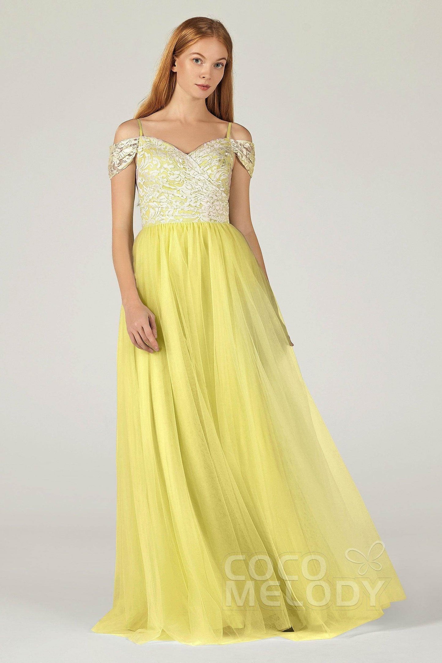 A-Line Floor Length Tulle Lace Bridesmaid Dress CB0384 - COCOMELODY