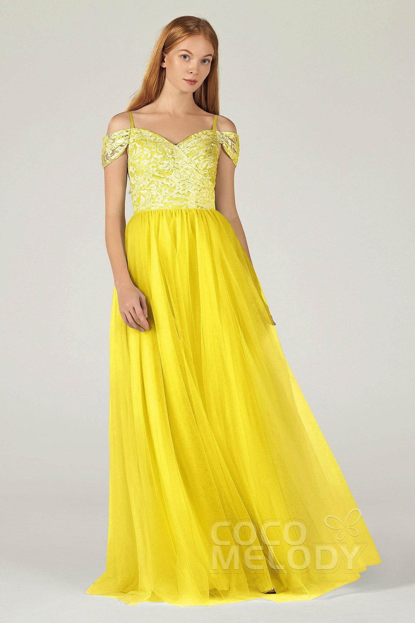 A-Line Floor Length Tulle Lace Bridesmaid Dress CB0384 - COCOMELODY