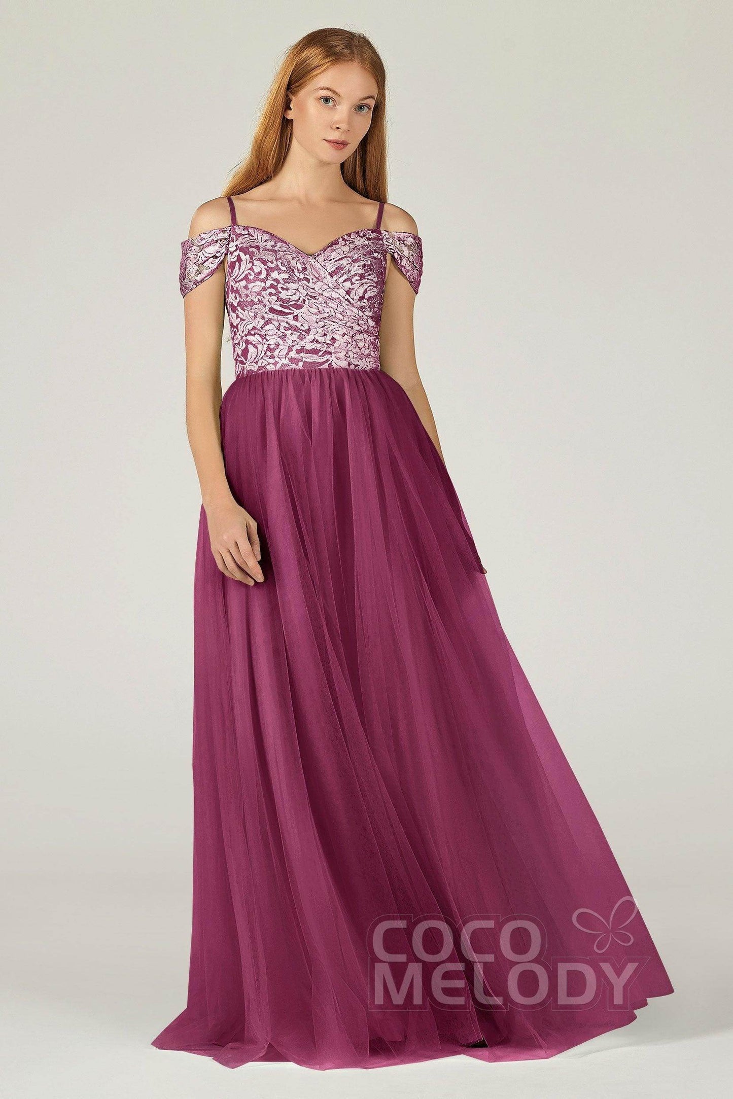 A-Line Floor Length Tulle Lace Bridesmaid Dress CB0384 - COCOMELODY