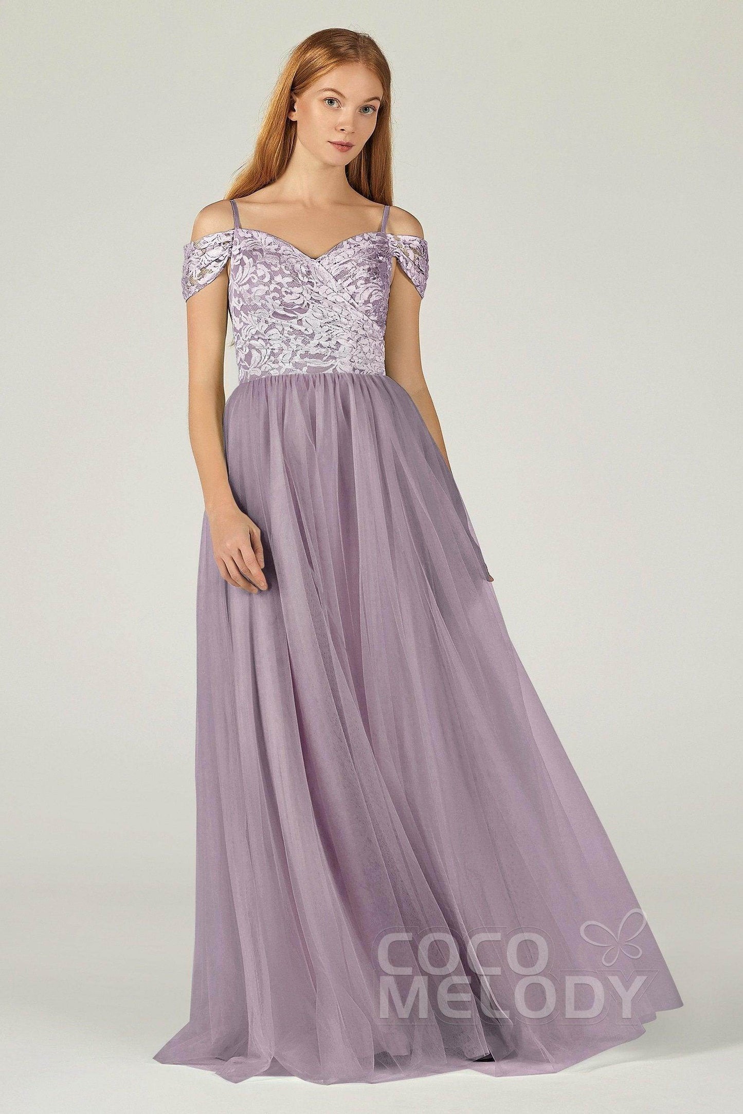 A-Line Floor Length Tulle Lace Bridesmaid Dress CB0384 - COCOMELODY