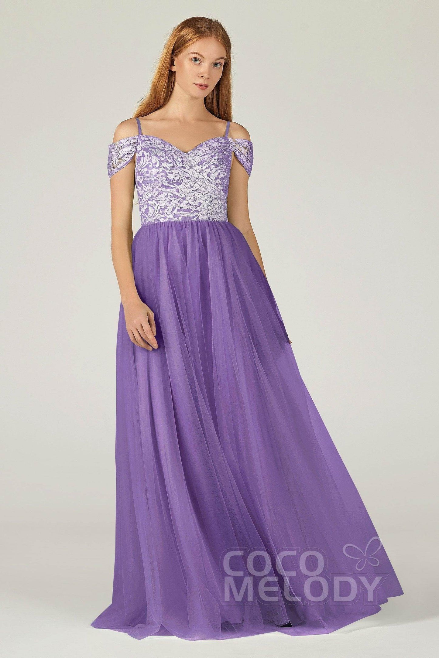 A-Line Floor Length Tulle Lace Bridesmaid Dress CB0384 - COCOMELODY
