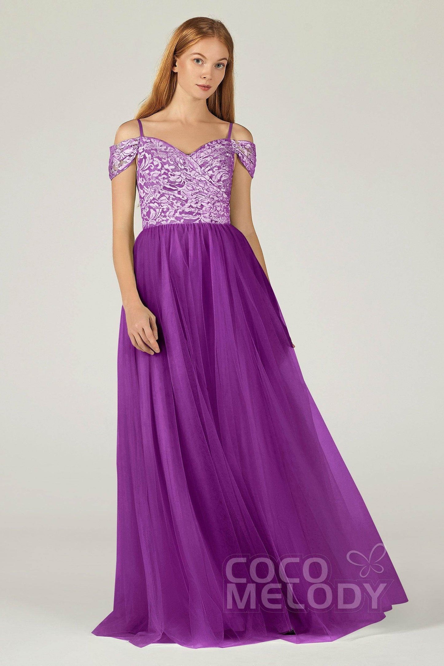 A-Line Floor Length Tulle Lace Bridesmaid Dress CB0384 - COCOMELODY