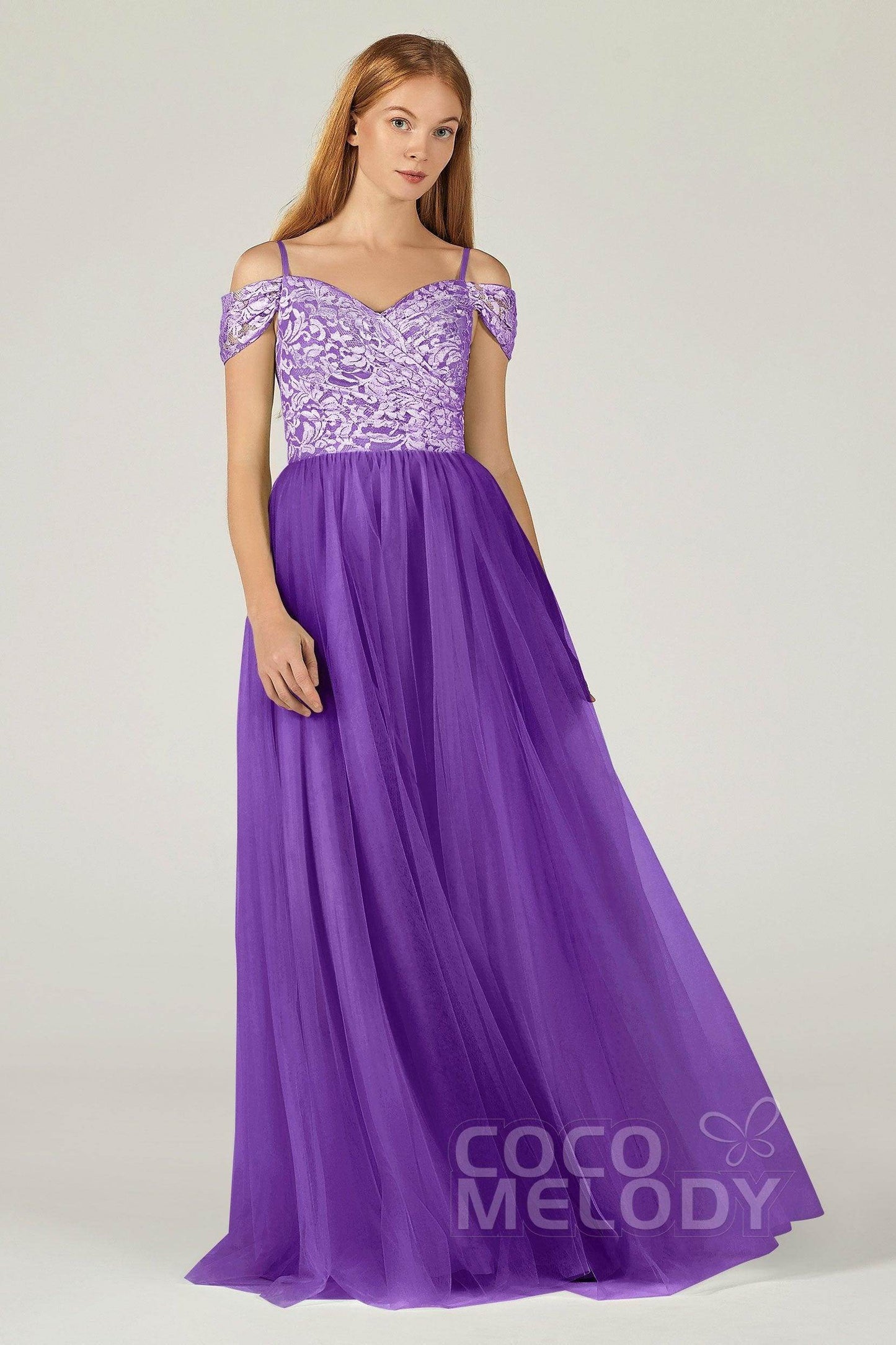 A-Line Floor Length Tulle Lace Bridesmaid Dress CB0384 - COCOMELODY