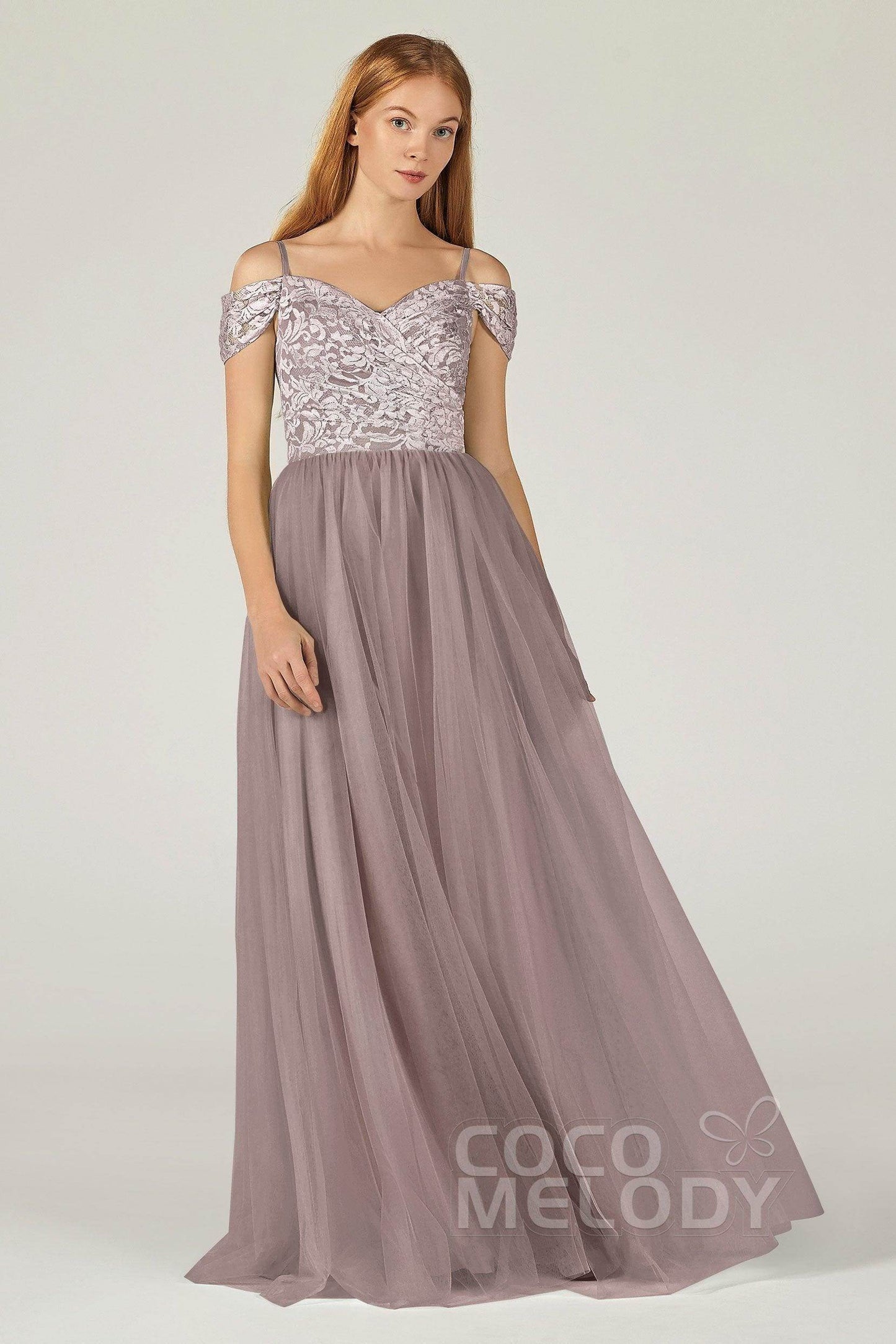 A-Line Floor Length Tulle Lace Bridesmaid Dress CB0384 - COCOMELODY