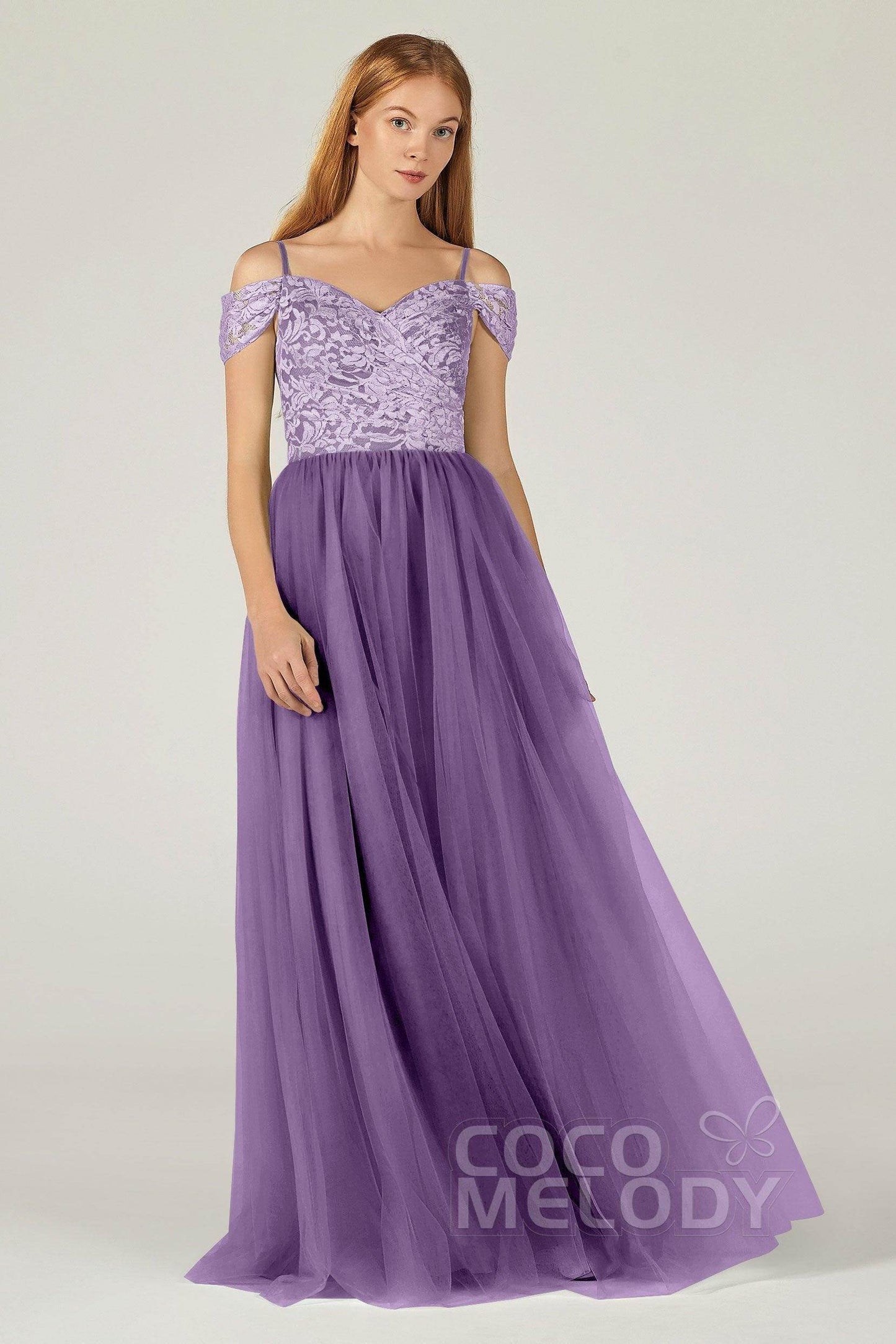 A-Line Floor Length Tulle Lace Bridesmaid Dress CB0384 - COCOMELODY