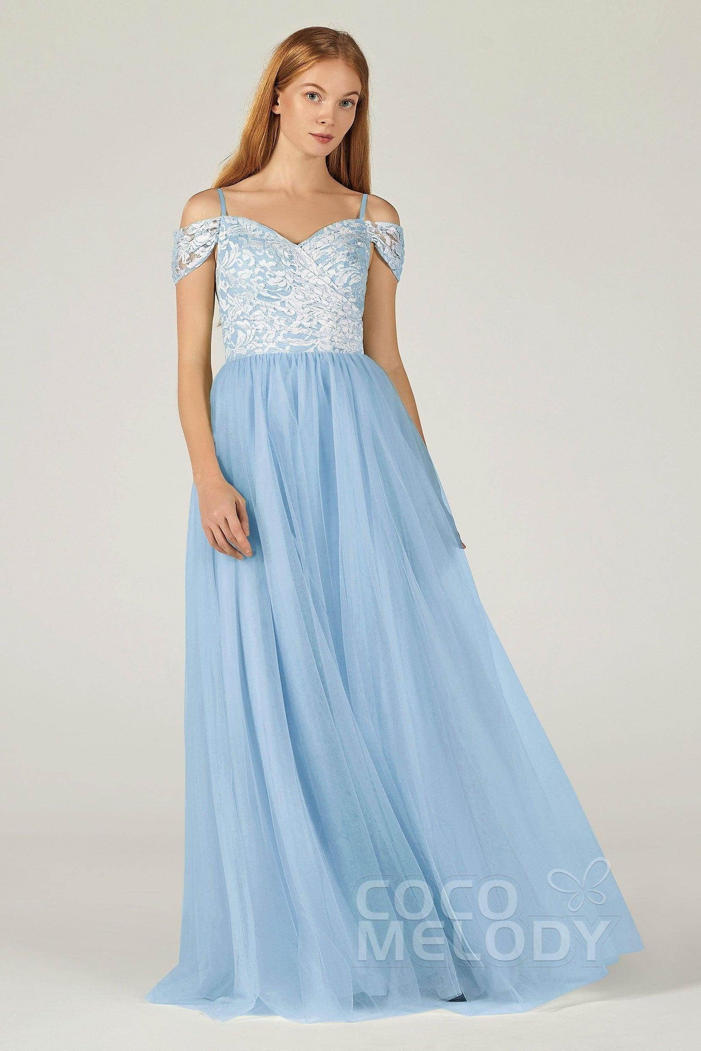 A-Line Floor Length Tulle Lace Bridesmaid Dress CB0384 - COCOMELODY