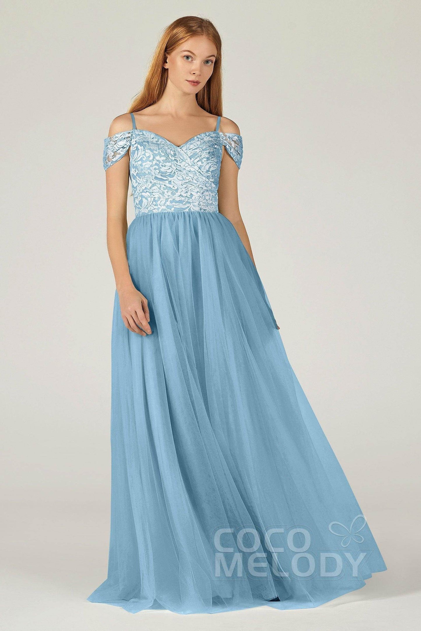 A-Line Floor Length Tulle Lace Bridesmaid Dress CB0384 - COCOMELODY