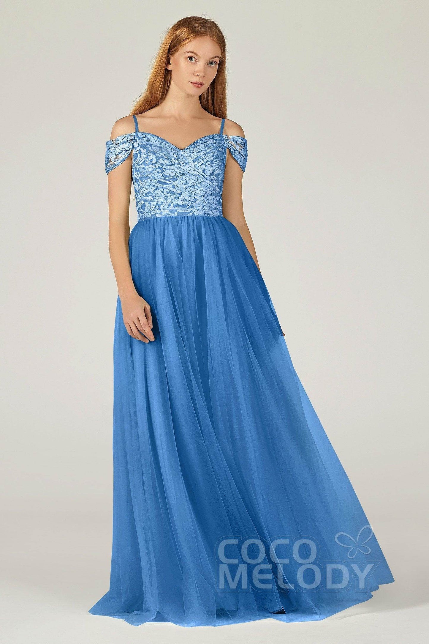 A-Line Floor Length Tulle Lace Bridesmaid Dress CB0384 - COCOMELODY