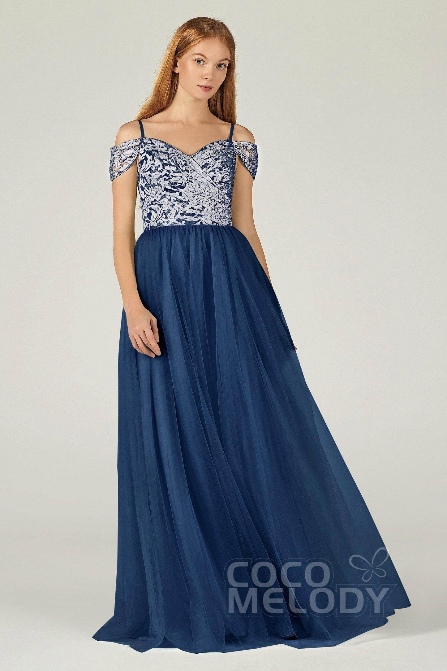 A-Line Floor Length Tulle Lace Bridesmaid Dress CB0384 - COCOMELODY