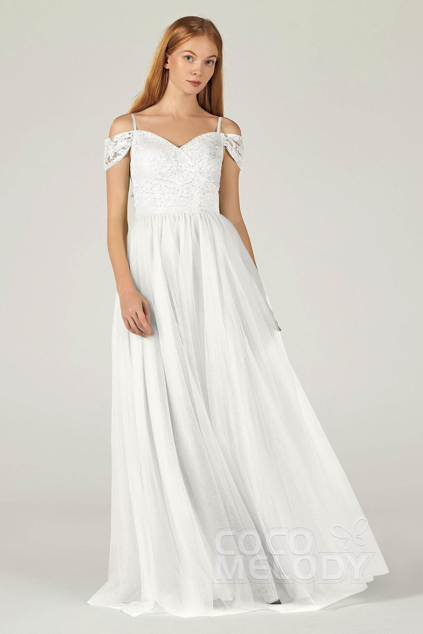A-Line Floor Length Tulle Lace Bridesmaid Dress CB0384 - COCOMELODY