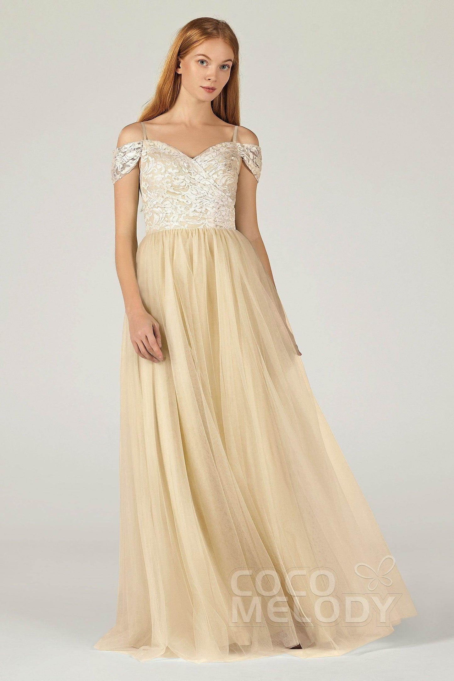 A-Line Floor Length Tulle Lace Bridesmaid Dress CB0384 - COCOMELODY
