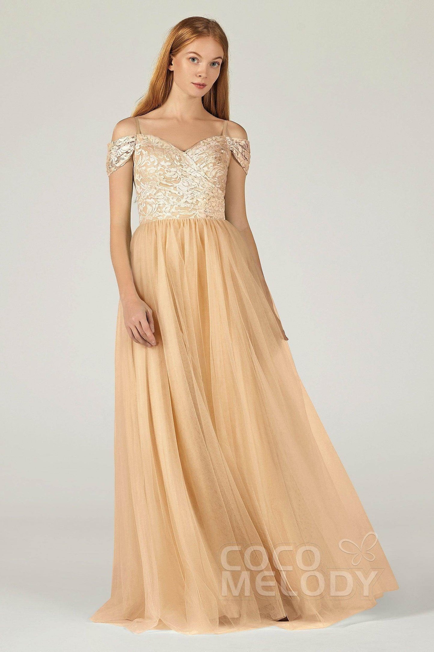 A-Line Floor Length Tulle Lace Bridesmaid Dress CB0384 - COCOMELODY