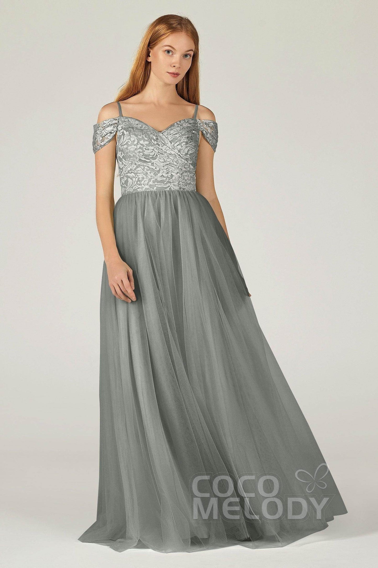 A-Line Floor Length Tulle Lace Bridesmaid Dress CB0384 - COCOMELODY
