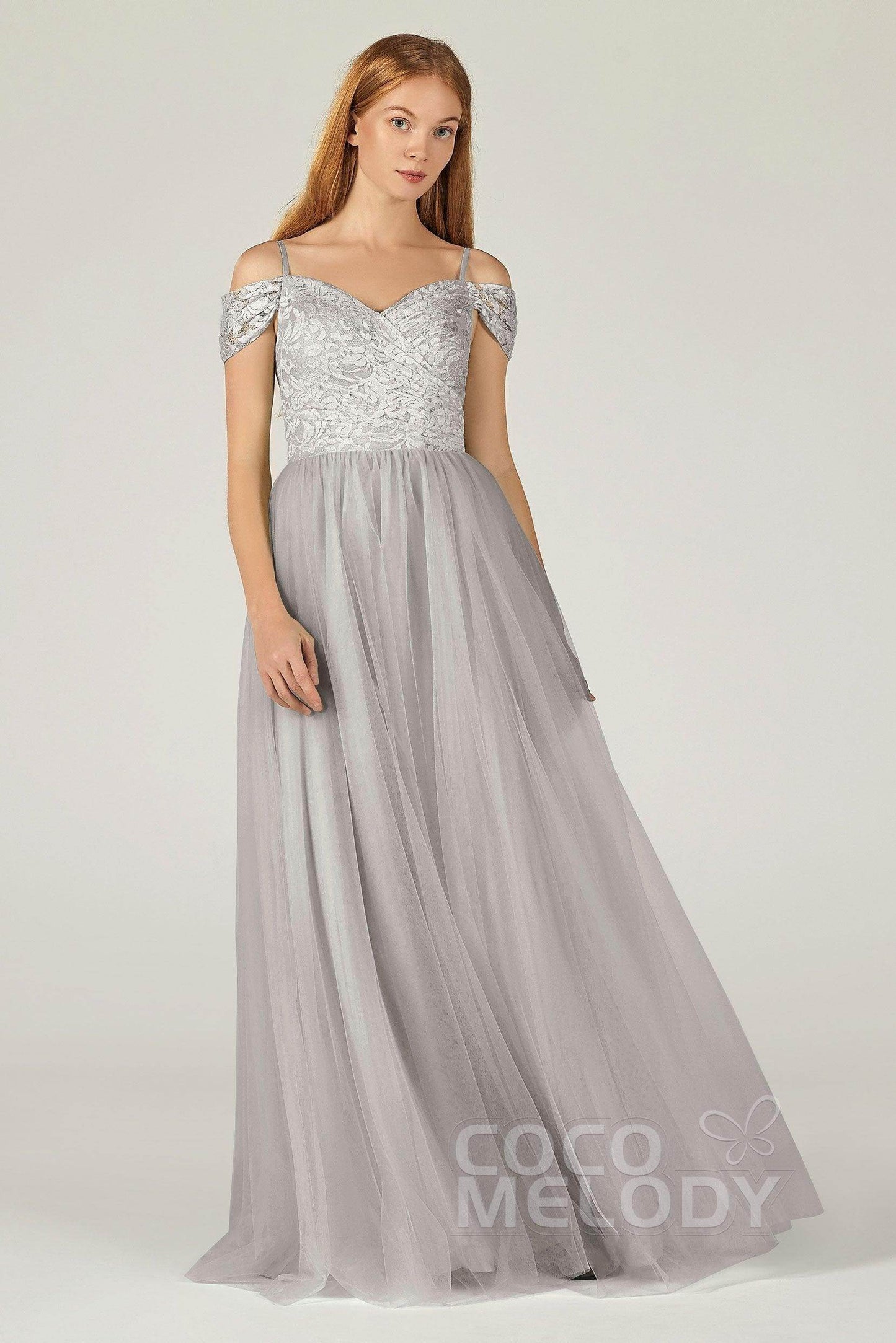 A-Line Floor Length Tulle Lace Bridesmaid Dress CB0384 - COCOMELODY