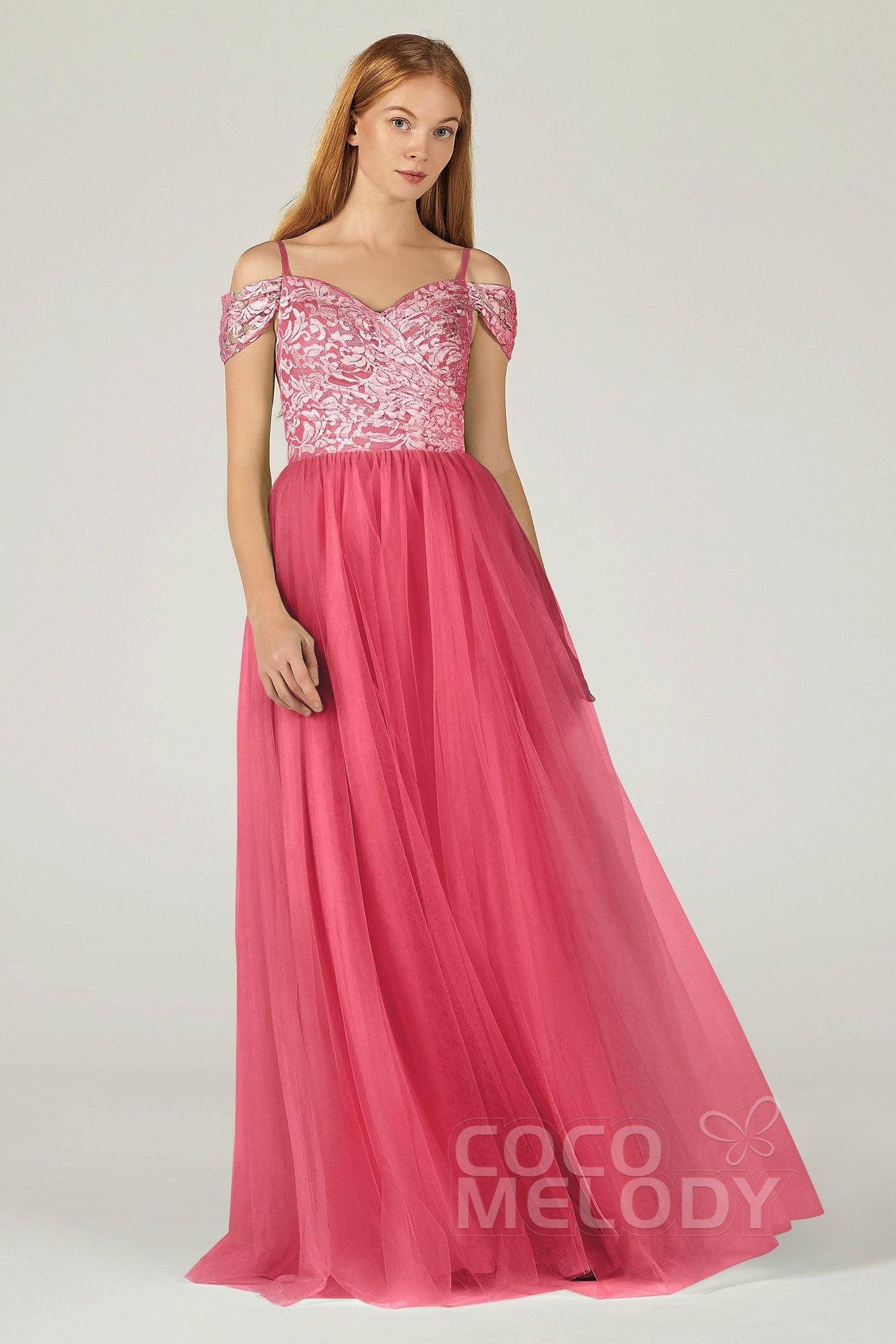 A-Line Floor Length Tulle Lace Bridesmaid Dress CB0384 - COCOMELODY