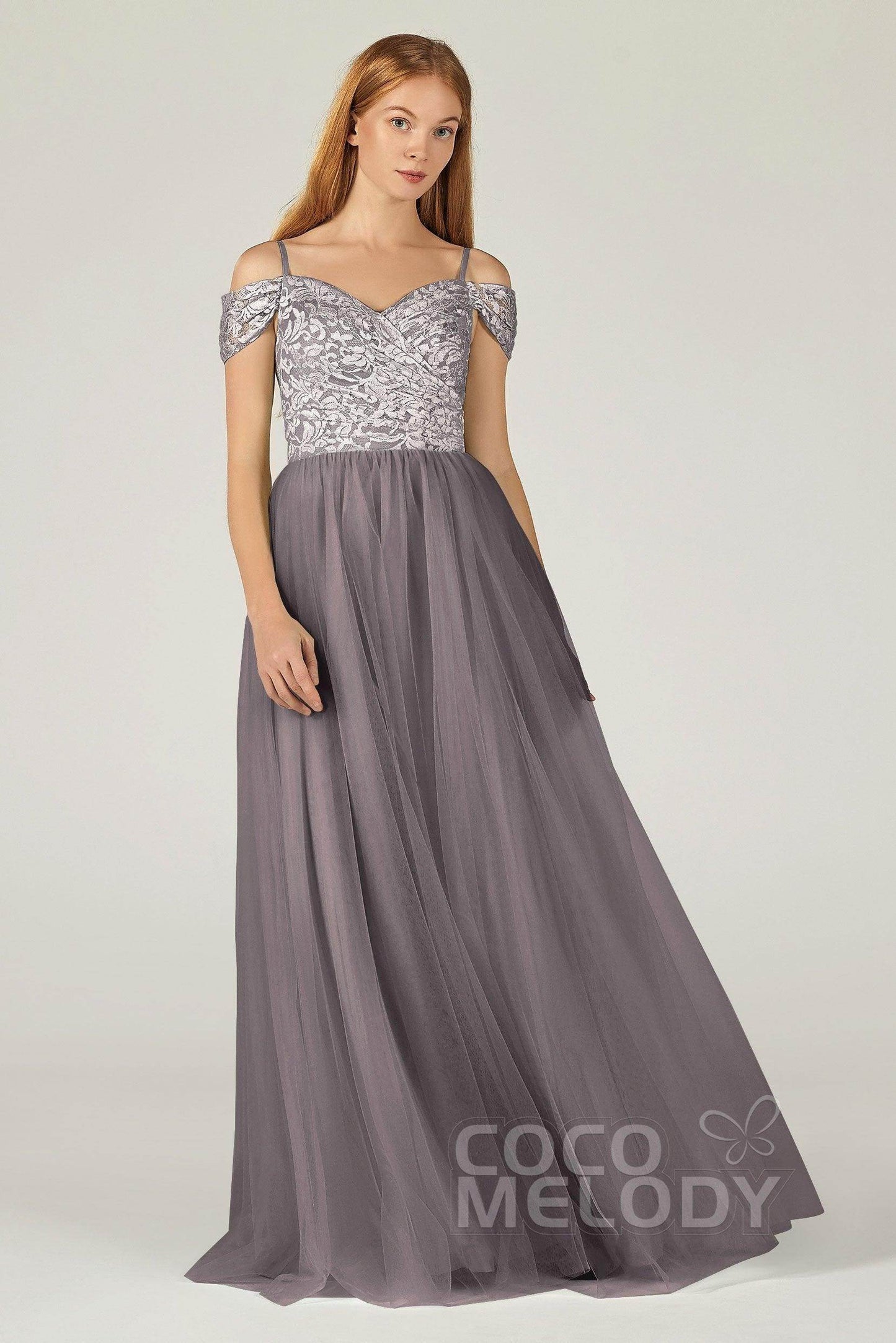 A-Line Floor Length Tulle Lace Bridesmaid Dress CB0384 - COCOMELODY