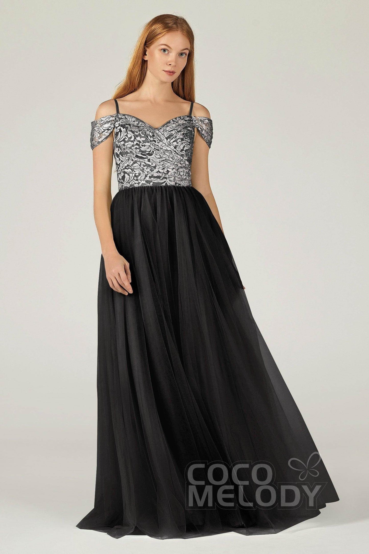 A-Line Floor Length Tulle Lace Bridesmaid Dress CB0384 - COCOMELODY