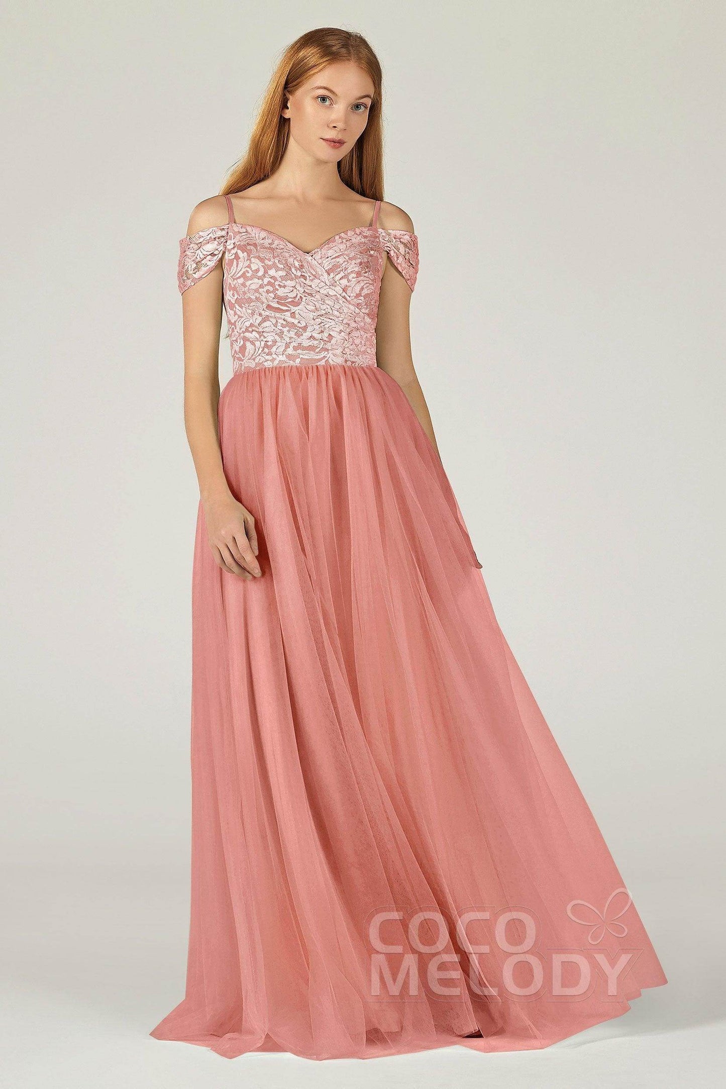A-Line Floor Length Tulle Lace Bridesmaid Dress CB0384 - COCOMELODY
