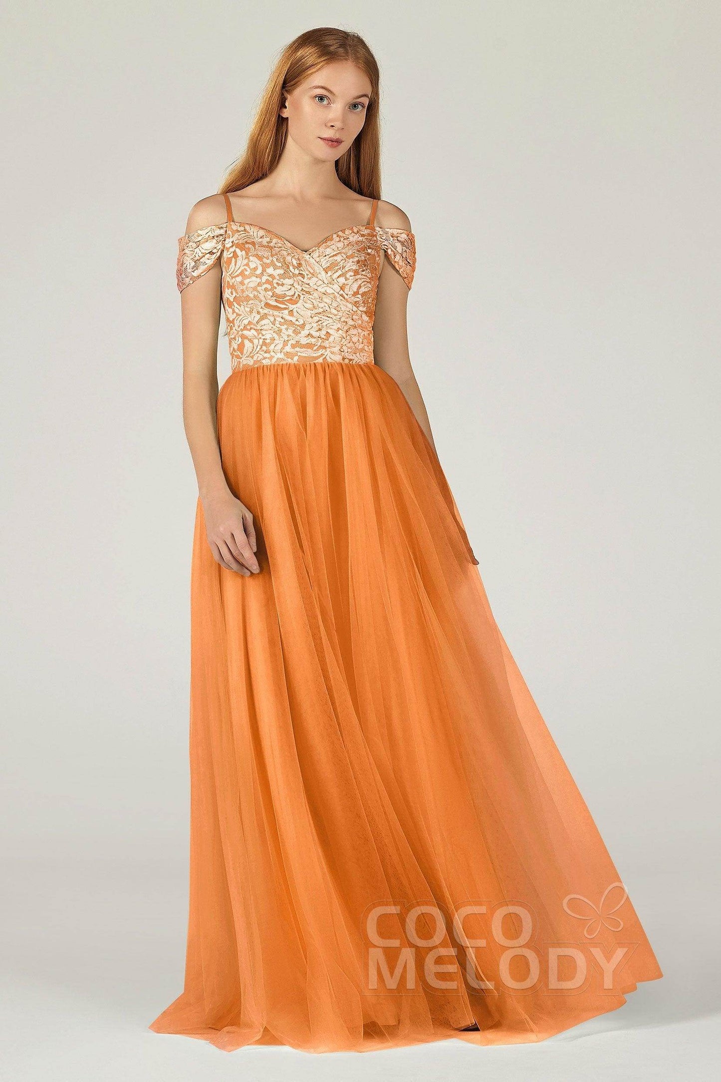 A-Line Floor Length Tulle Lace Bridesmaid Dress CB0384 - COCOMELODY