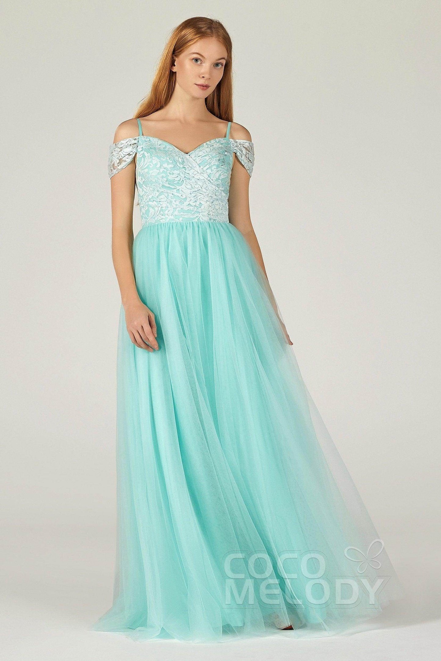 A-Line Floor Length Tulle Lace Bridesmaid Dress CB0384 - COCOMELODY