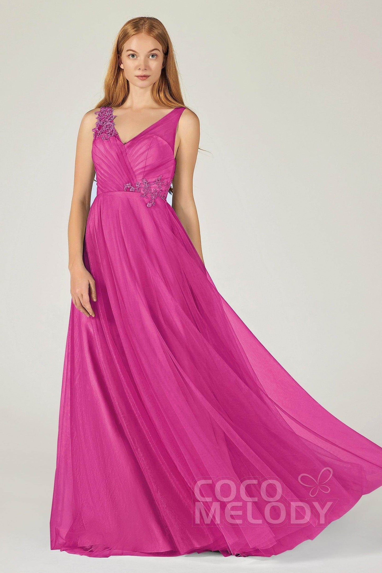 A-Line Floor Length Tulle Bridesmaid Dress CB0385 - COCOMELODY
