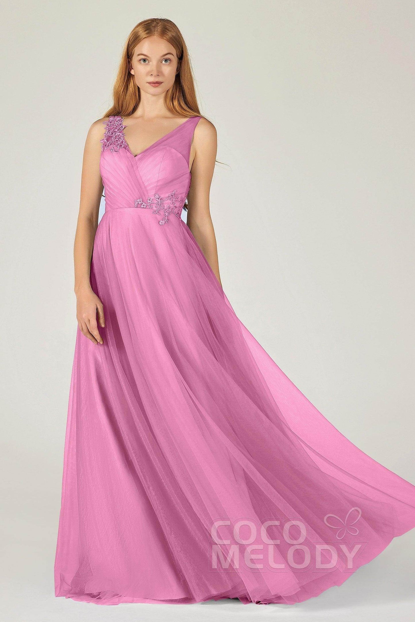 A-Line Floor Length Tulle Bridesmaid Dress CB0385 - COCOMELODY
