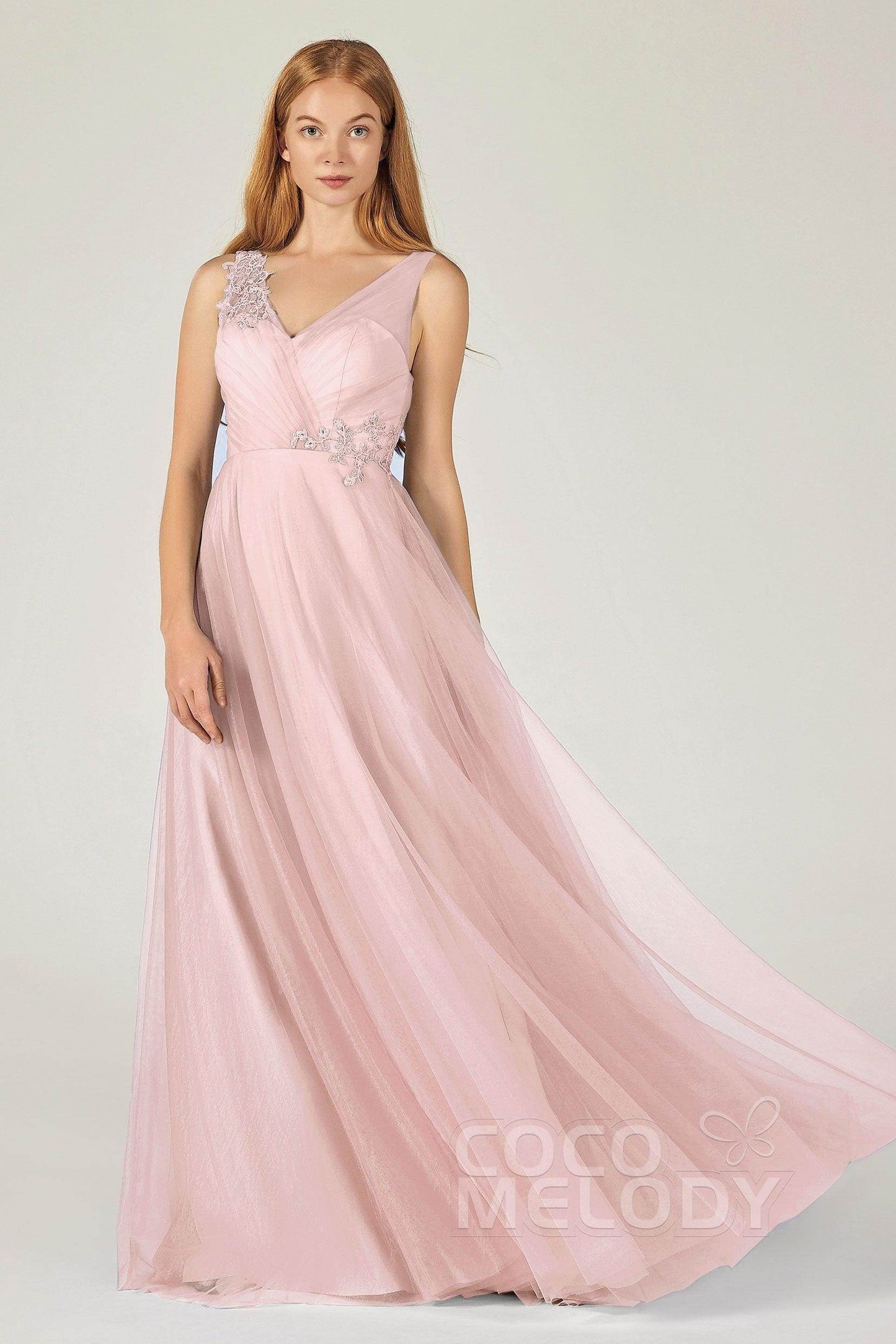 A-Line Floor Length Tulle Bridesmaid Dress CB0385 - COCOMELODY