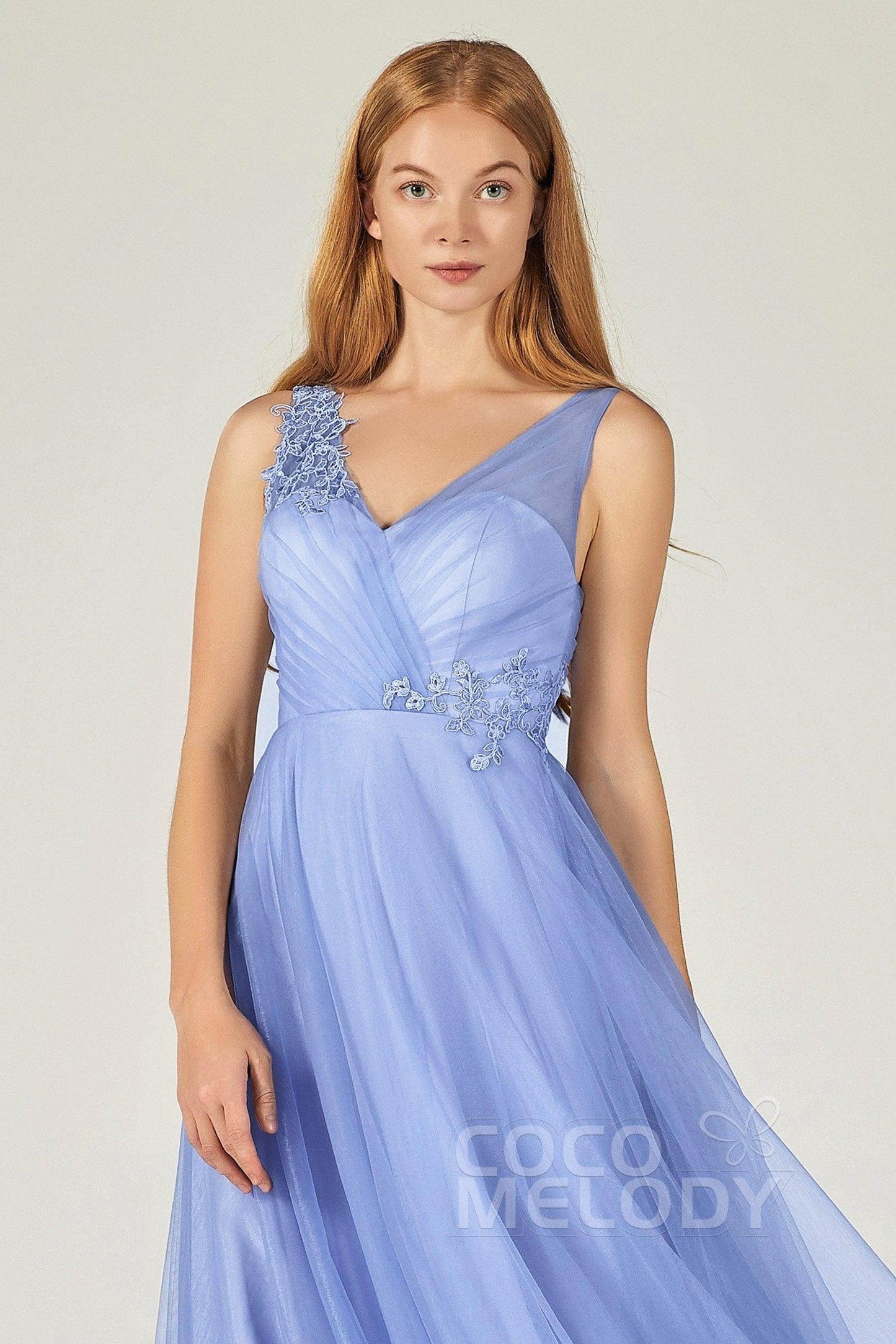 A-Line Floor Length Tulle Bridesmaid Dress CB0385 - COCOMELODY