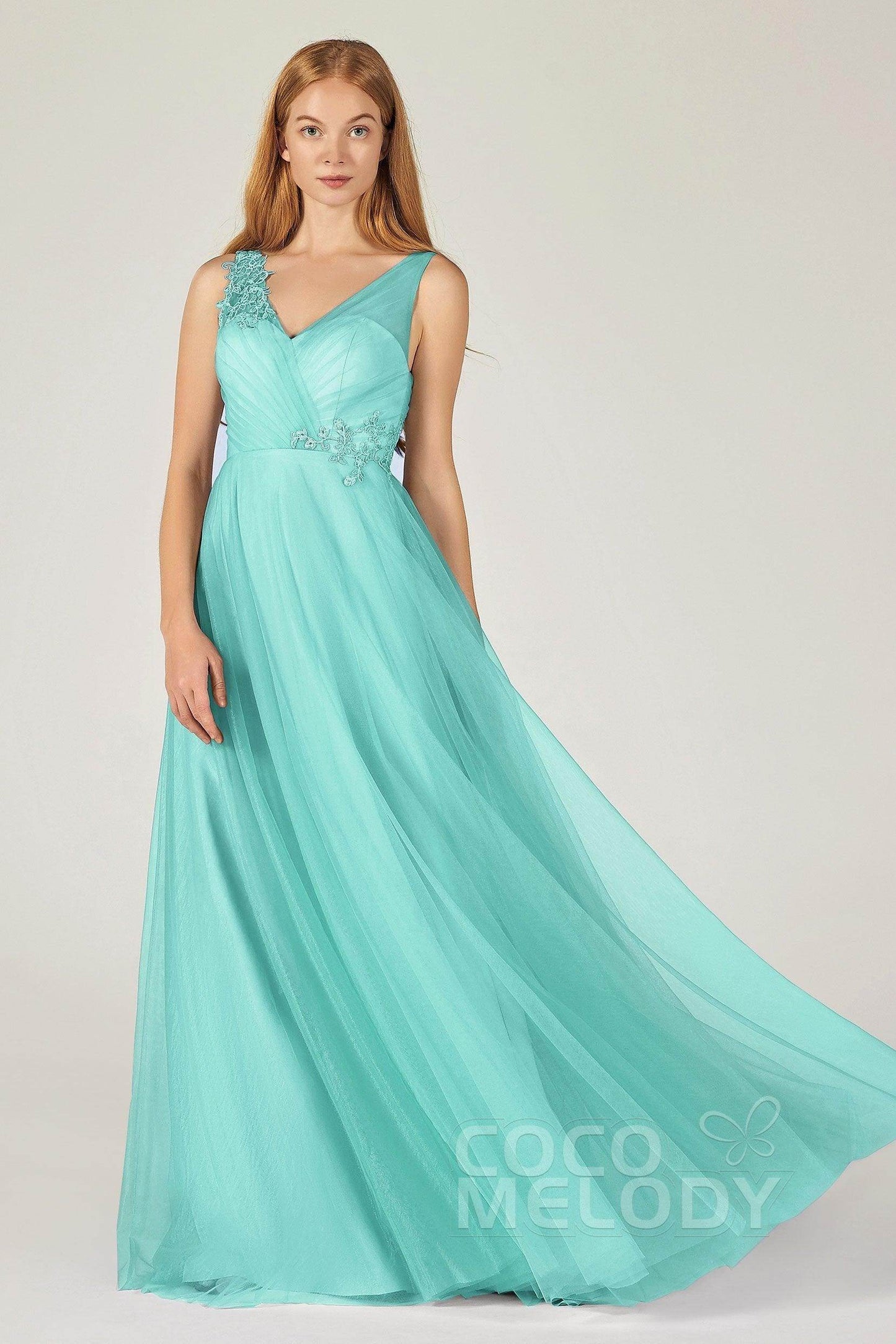 A-Line Floor Length Tulle Bridesmaid Dress CB0385 - COCOMELODY