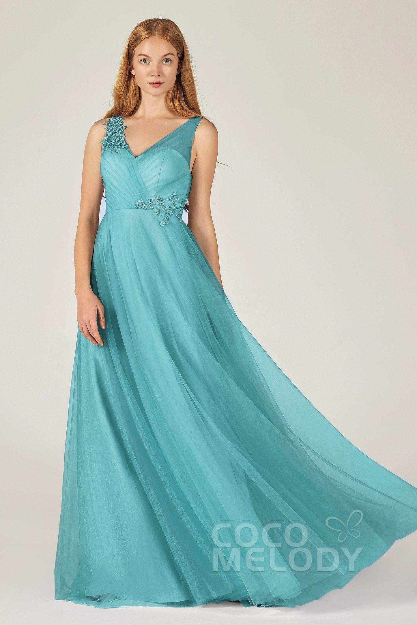 A-Line Floor Length Tulle Bridesmaid Dress CB0385 - COCOMELODY