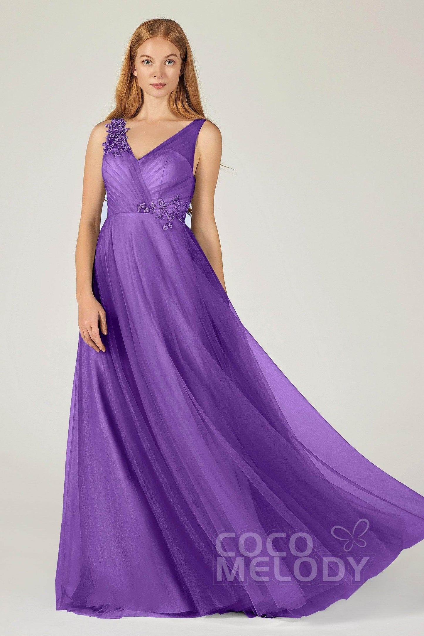 A-Line Floor Length Tulle Bridesmaid Dress CB0385 - COCOMELODY