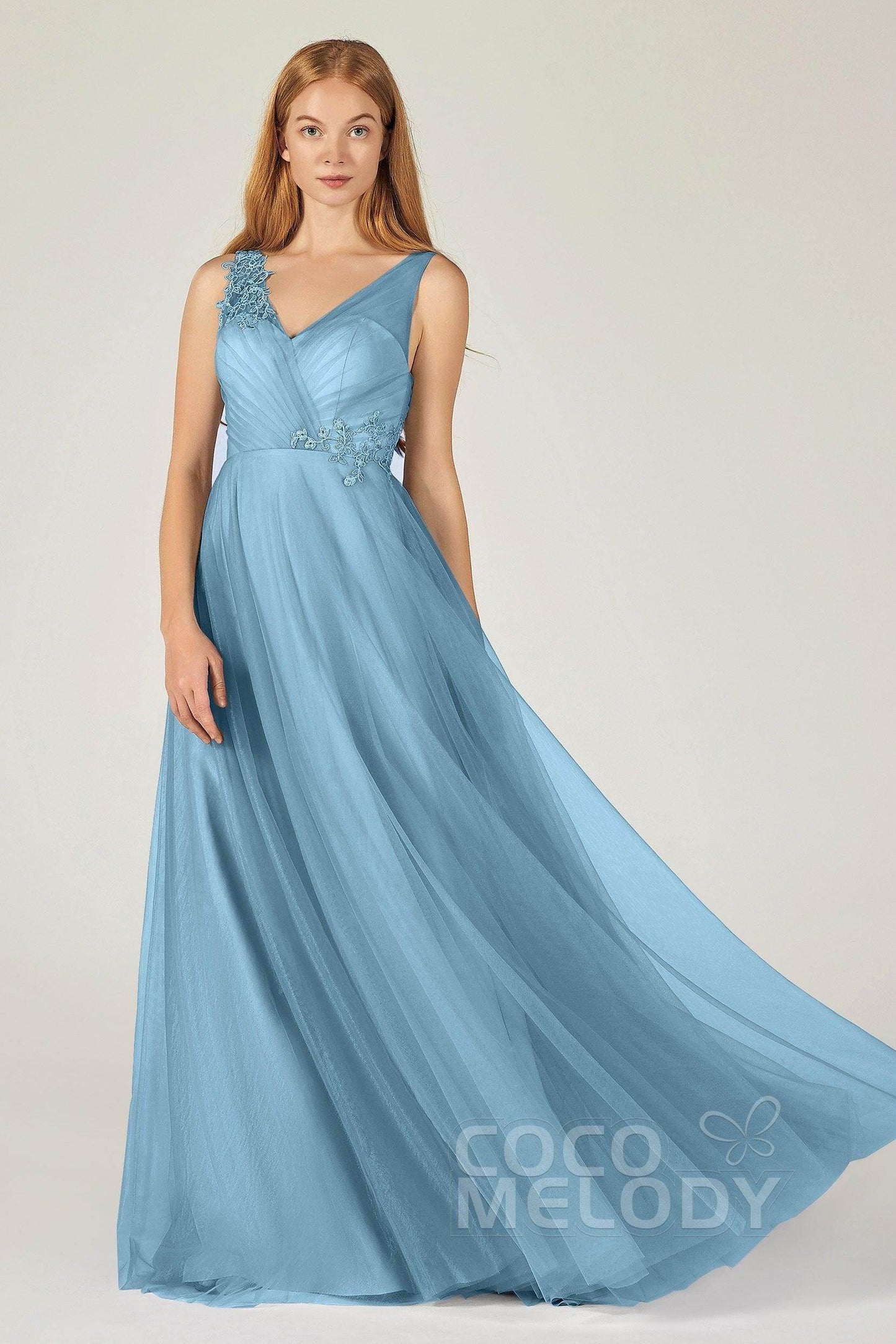 A-Line Floor Length Tulle Bridesmaid Dress CB0385 - COCOMELODY
