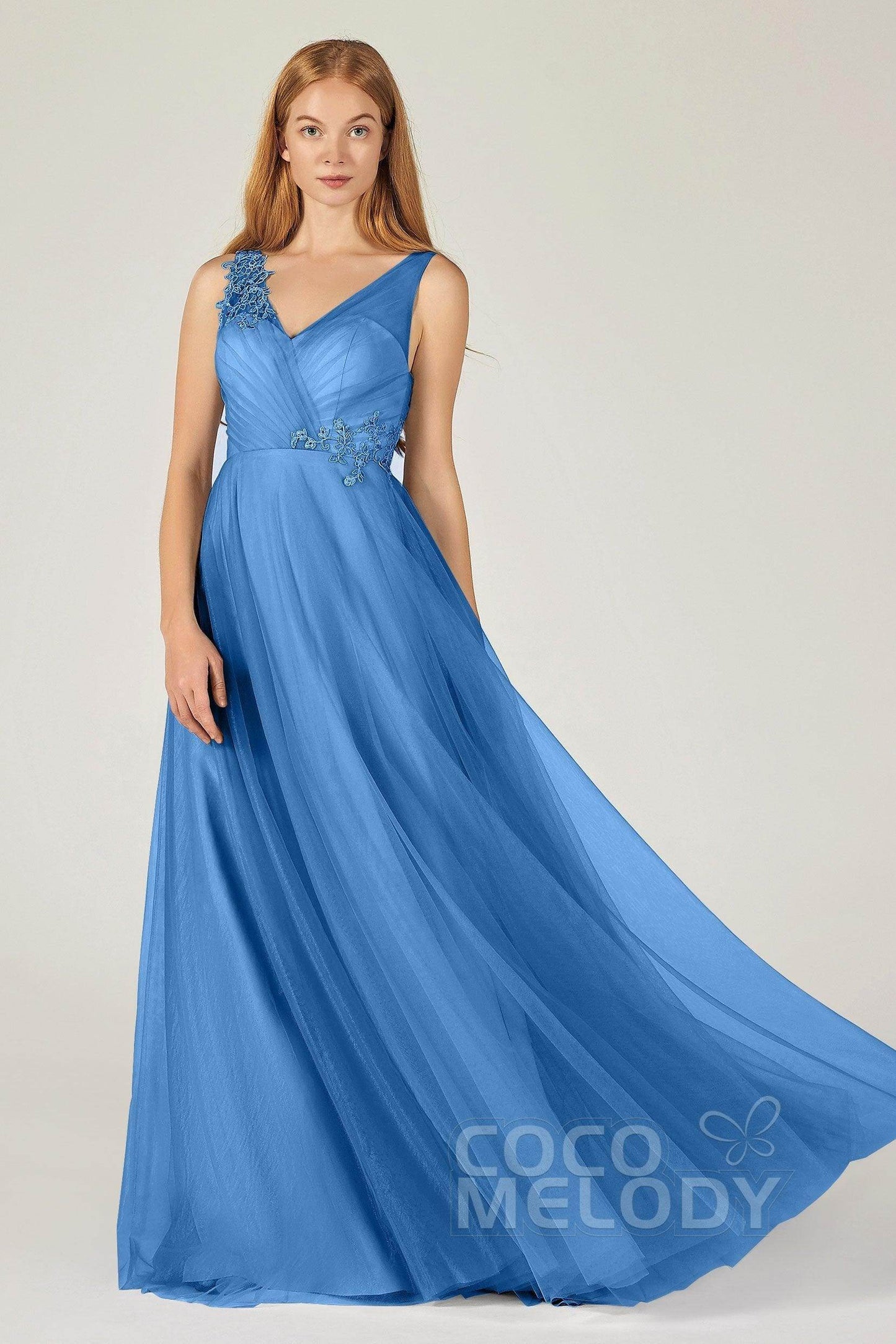 A-Line Floor Length Tulle Bridesmaid Dress CB0385 - COCOMELODY