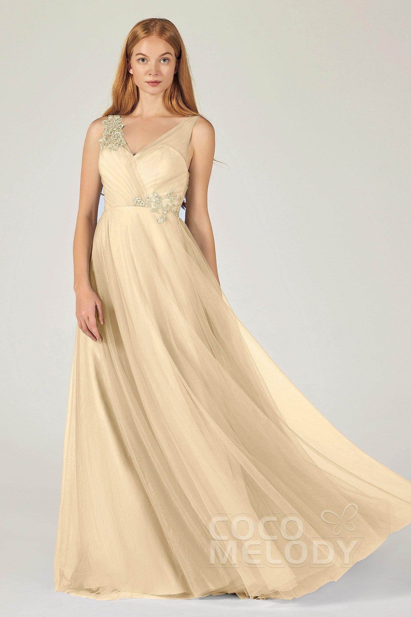 A-Line Floor Length Tulle Bridesmaid Dress CB0385 - COCOMELODY
