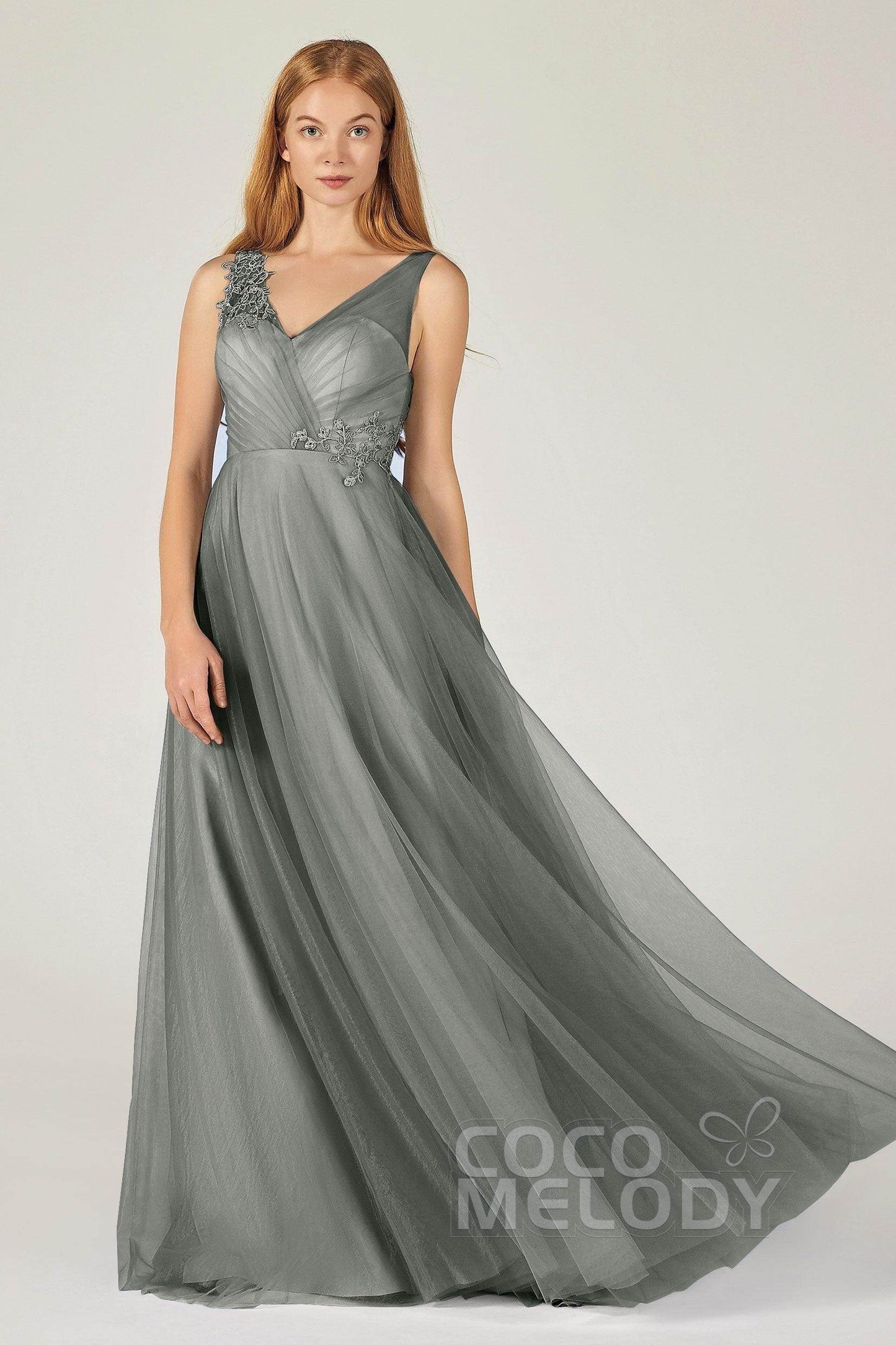A-Line Floor Length Tulle Bridesmaid Dress CB0385 - COCOMELODY