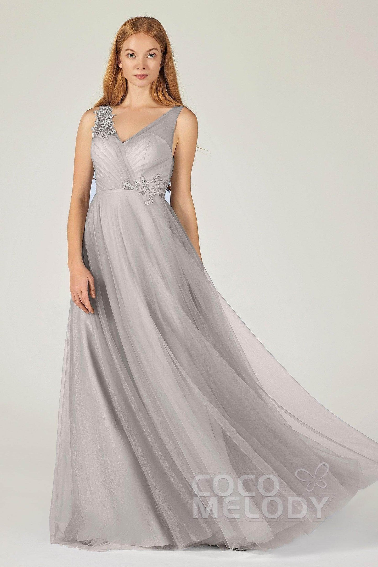 A-Line Floor Length Tulle Bridesmaid Dress CB0385 - COCOMELODY