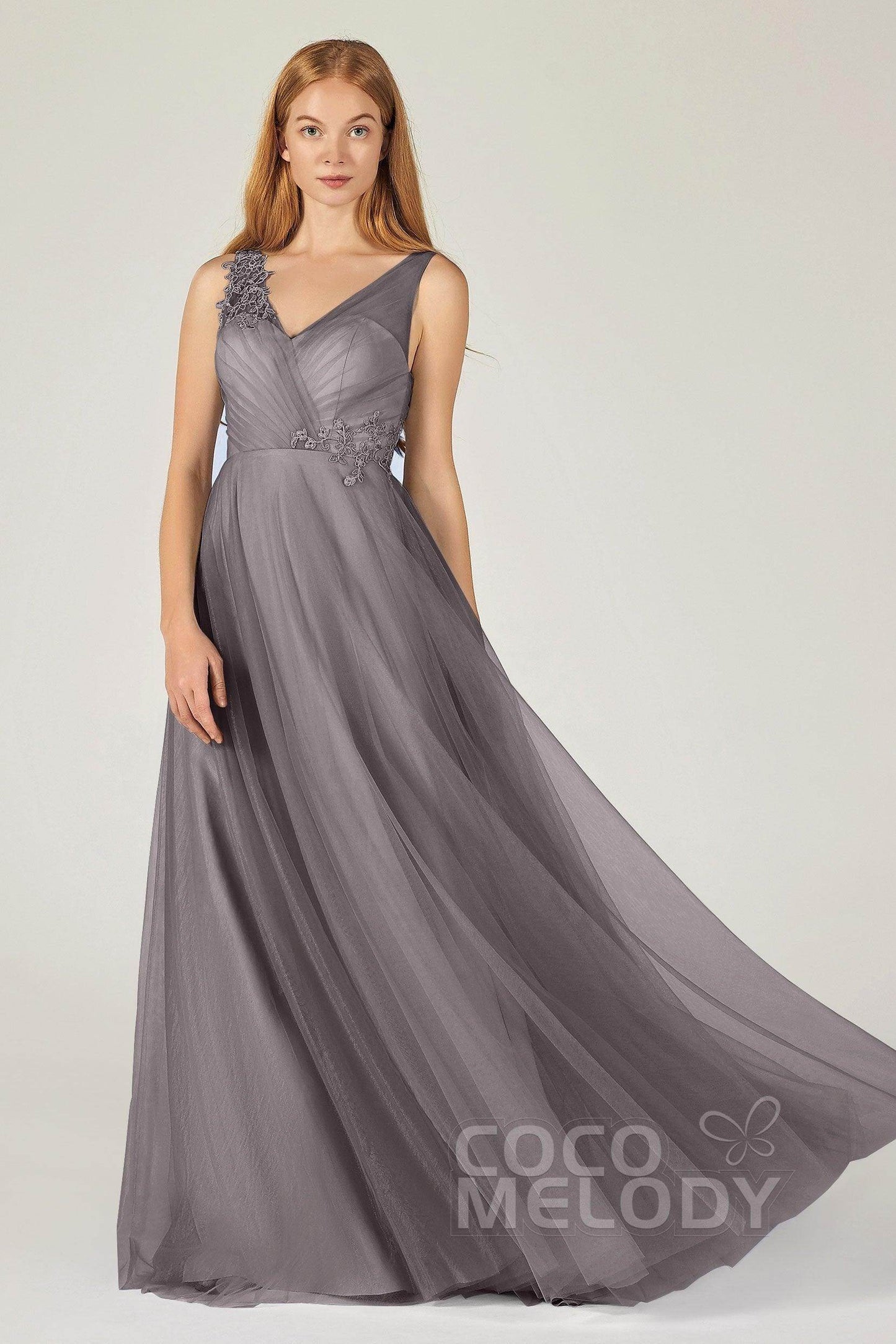 A-Line Floor Length Tulle Bridesmaid Dress CB0385 - COCOMELODY