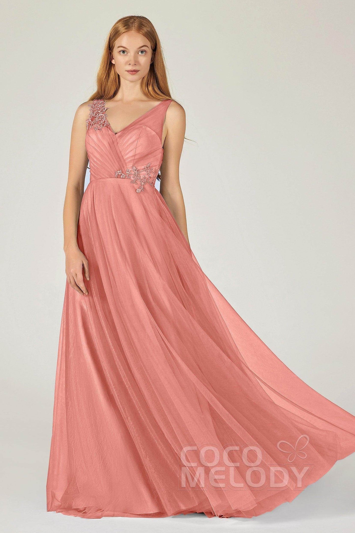 A-Line Floor Length Tulle Bridesmaid Dress CB0385 - COCOMELODY