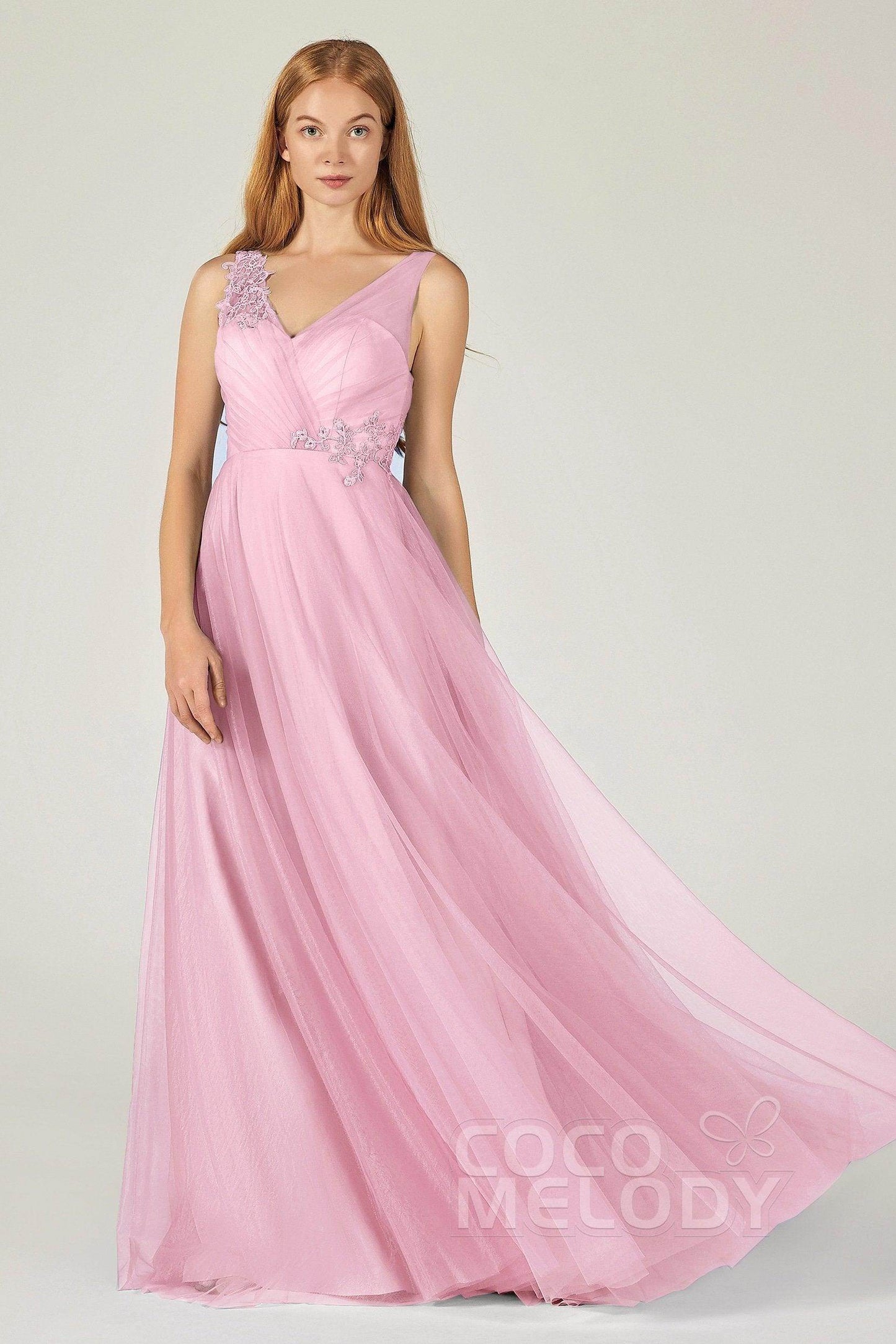 A-Line Floor Length Tulle Bridesmaid Dress CB0385 - COCOMELODY