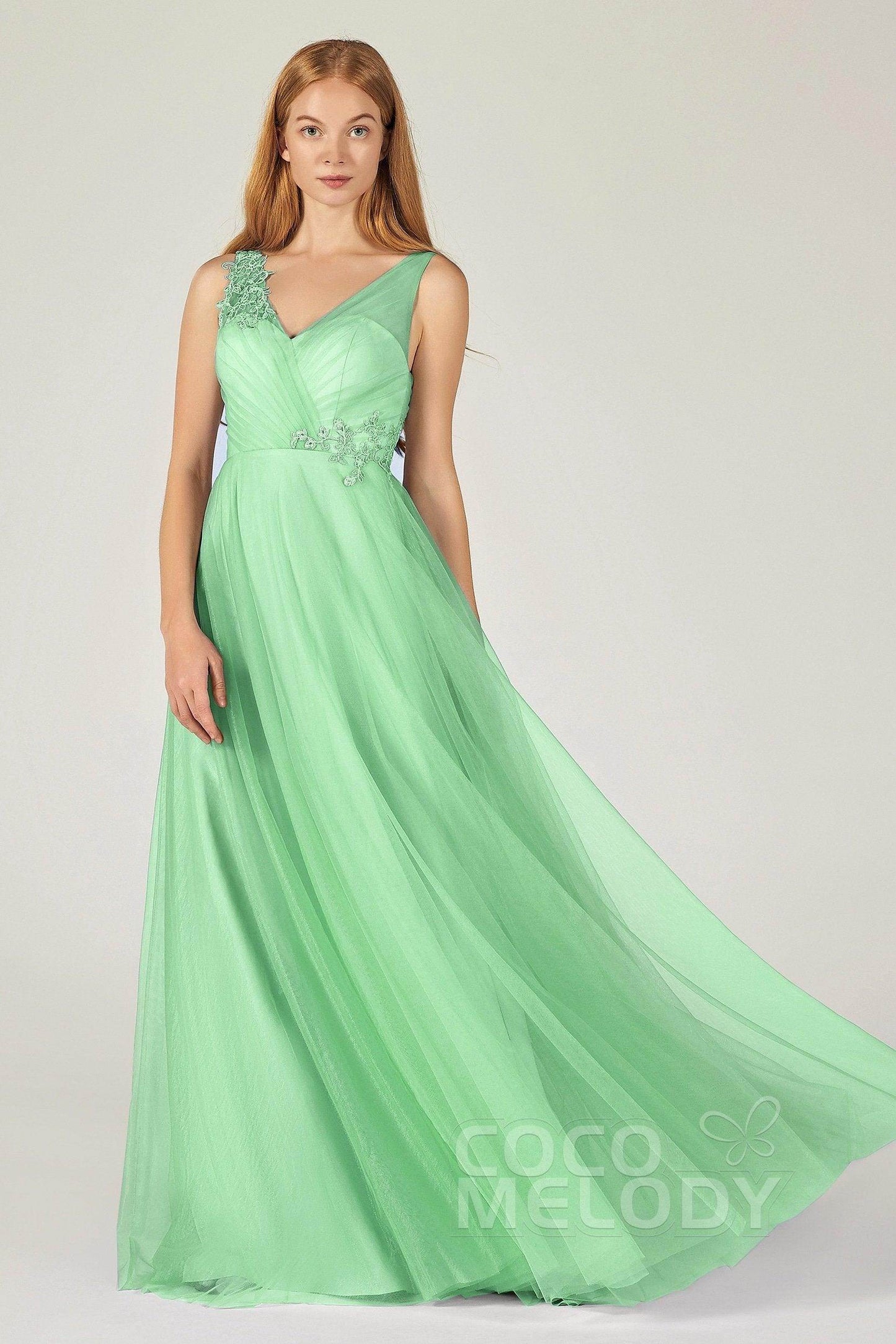 A-Line Floor Length Tulle Bridesmaid Dress CB0385 - COCOMELODY