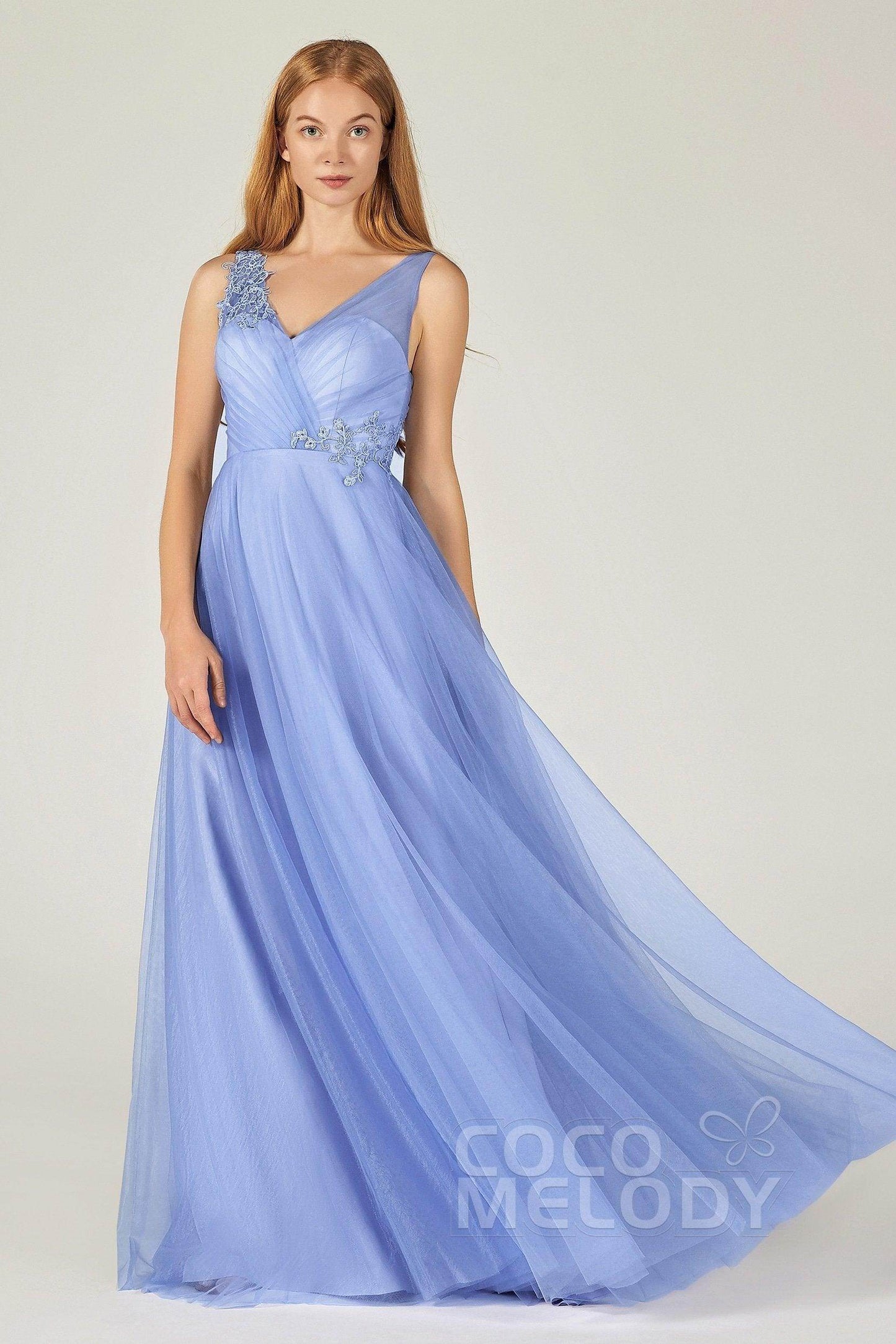 A-Line Floor Length Tulle Bridesmaid Dress CB0385 - COCOMELODY