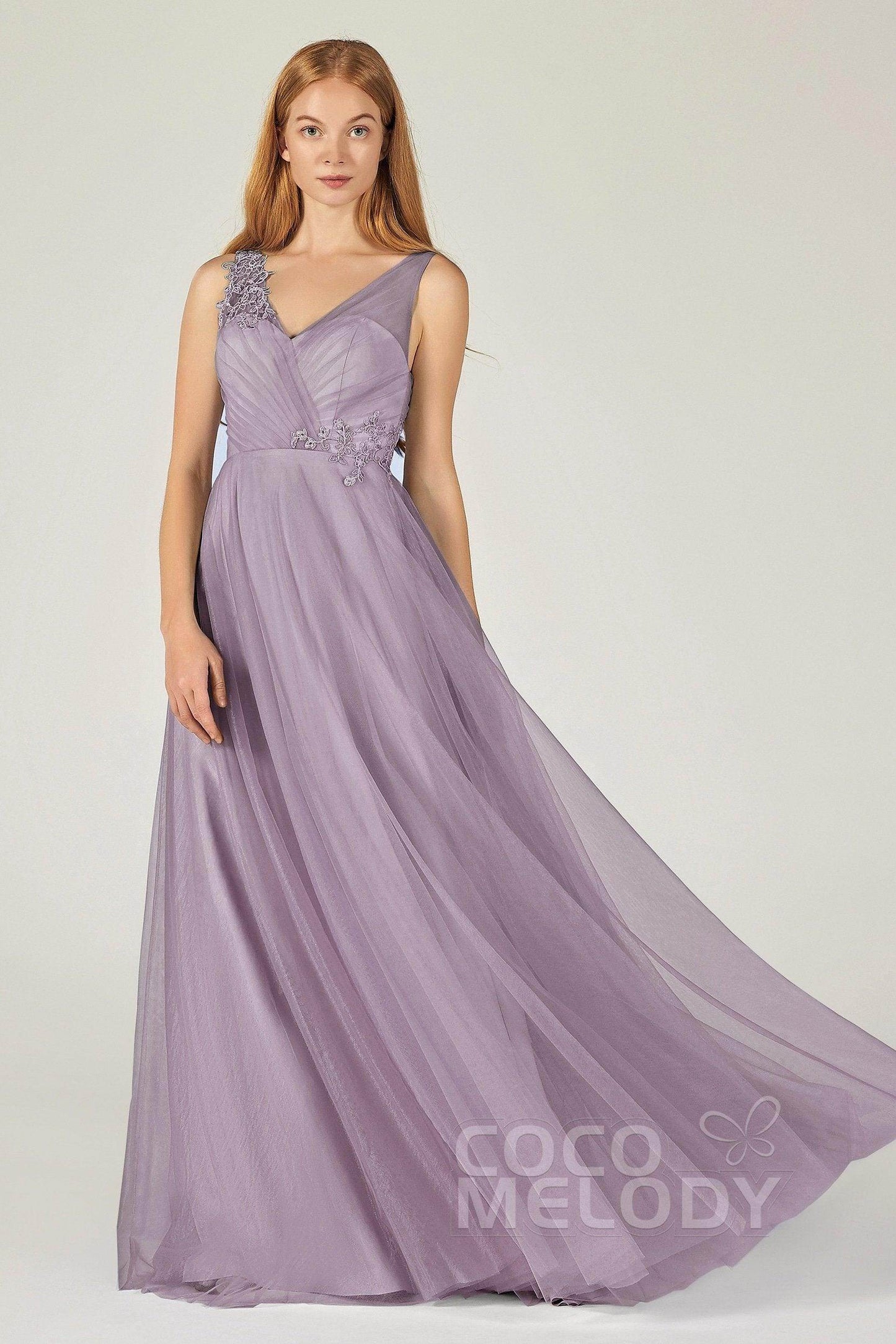 A-Line Floor Length Tulle Bridesmaid Dress CB0385 - COCOMELODY