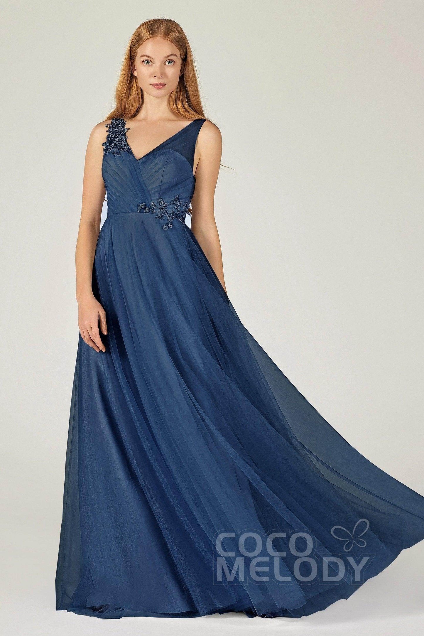 A-Line Floor Length Tulle Bridesmaid Dress CB0385 - COCOMELODY