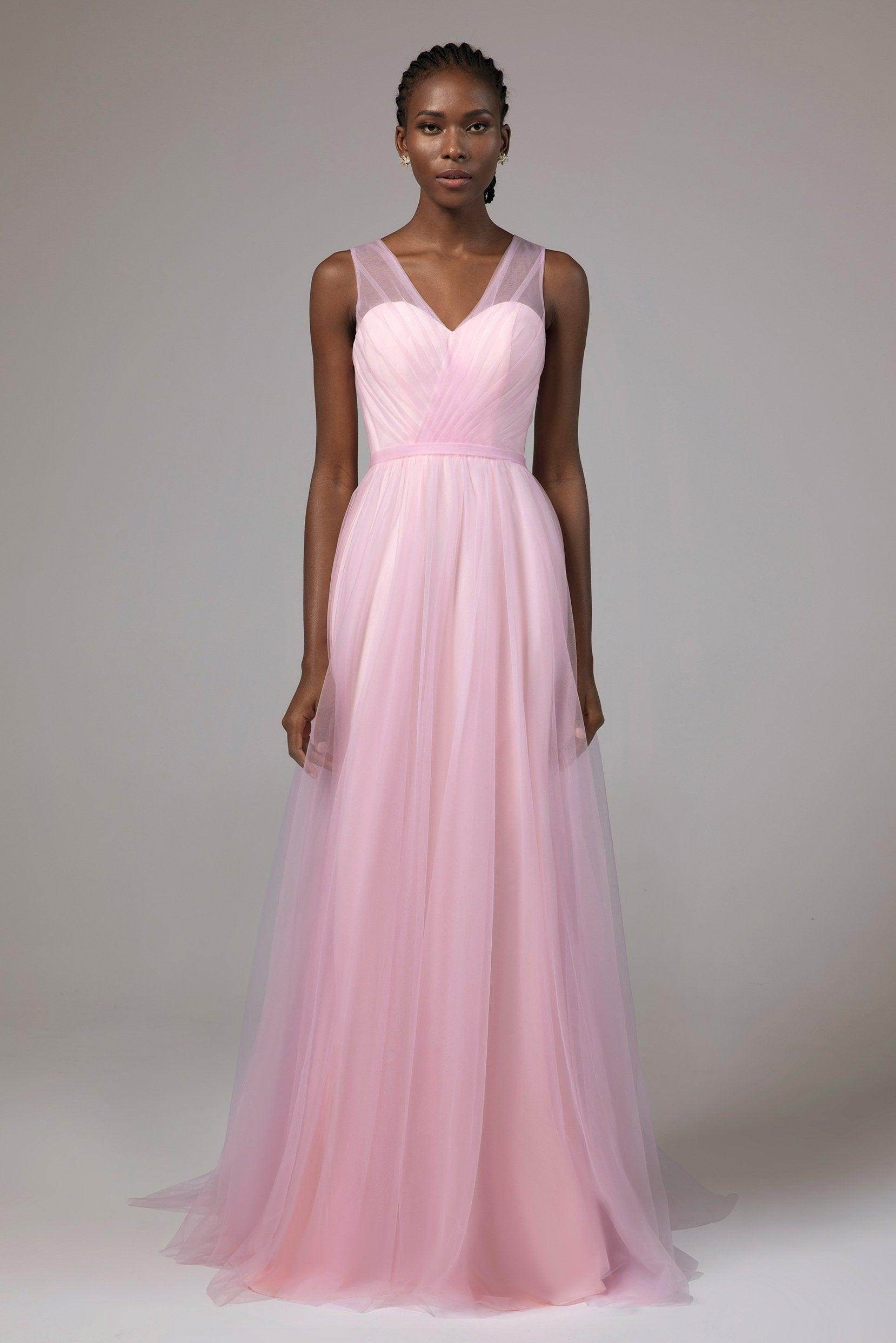 flowing bridesmaid dresses A-Line Floor Length Tulle/Chiffon Bridesmaid Dress COCOMELODY CB0392, Fandango Pink